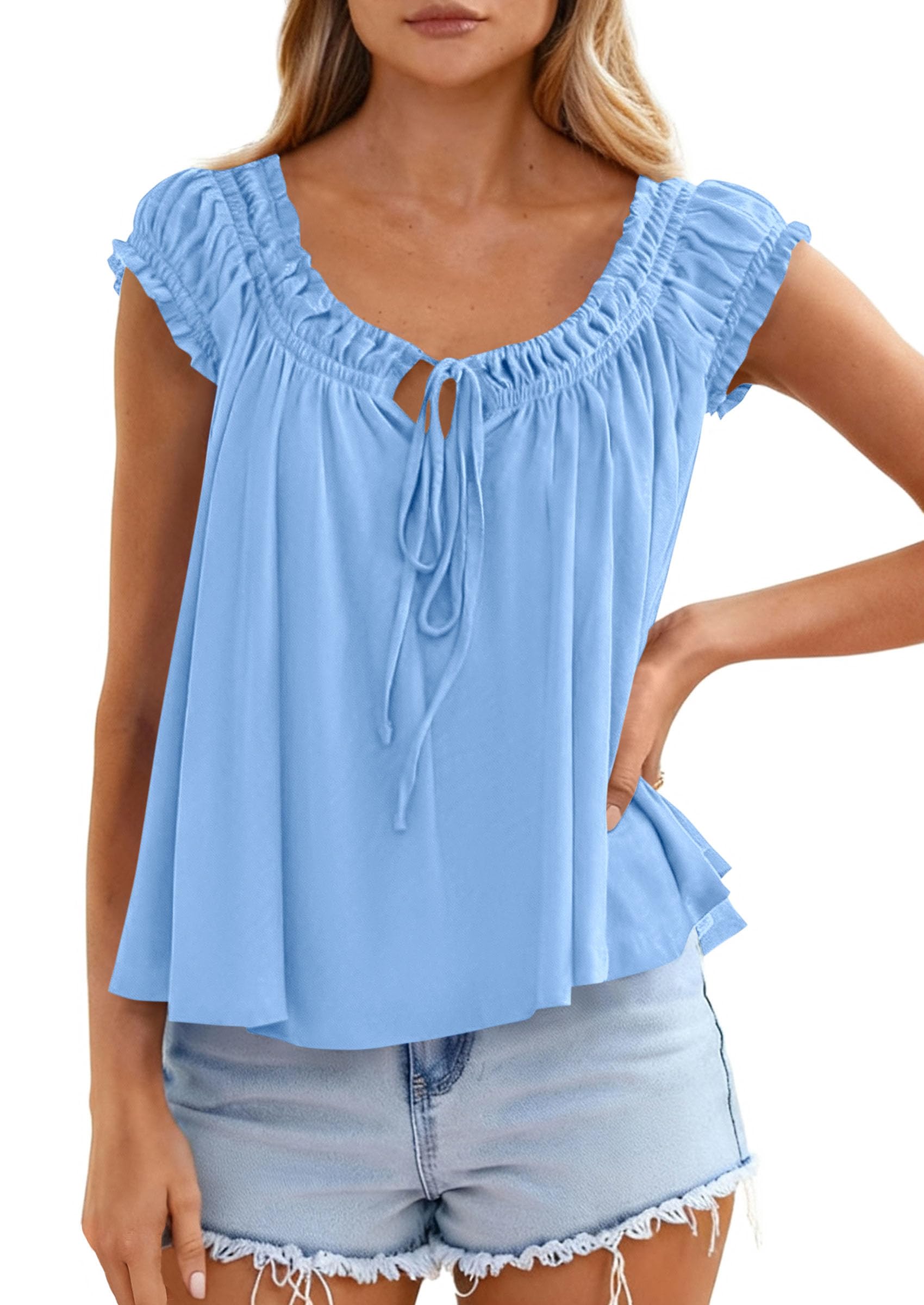 Womens Summer Tank Tops Babydoll Peplum Blouses,Light Blue,XS