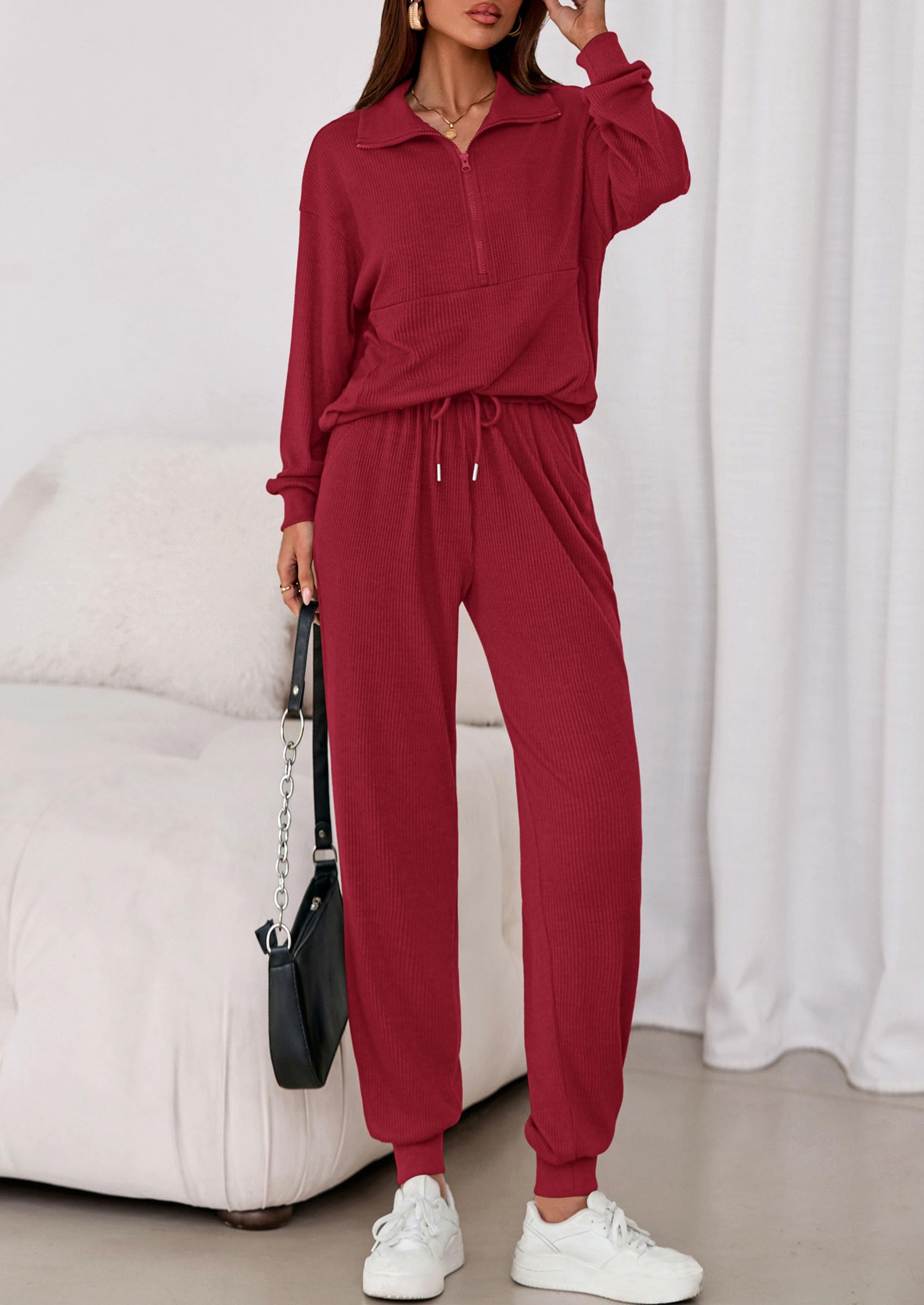 Airport Travel Outfit Women Ribbed Knit Matching Lounge Sets