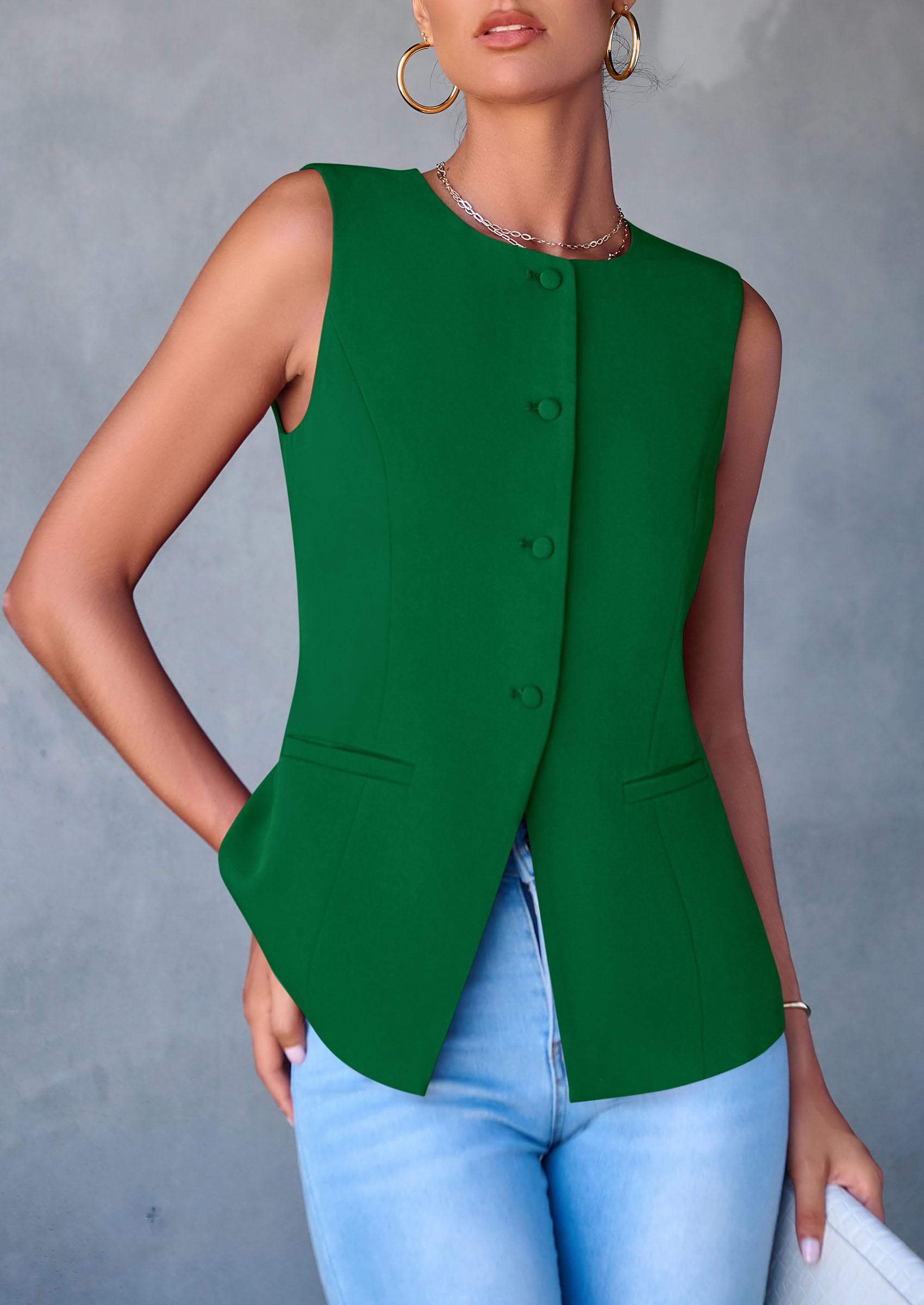 Women Tailored Suit Vest Business Casual Tops, Green,S
