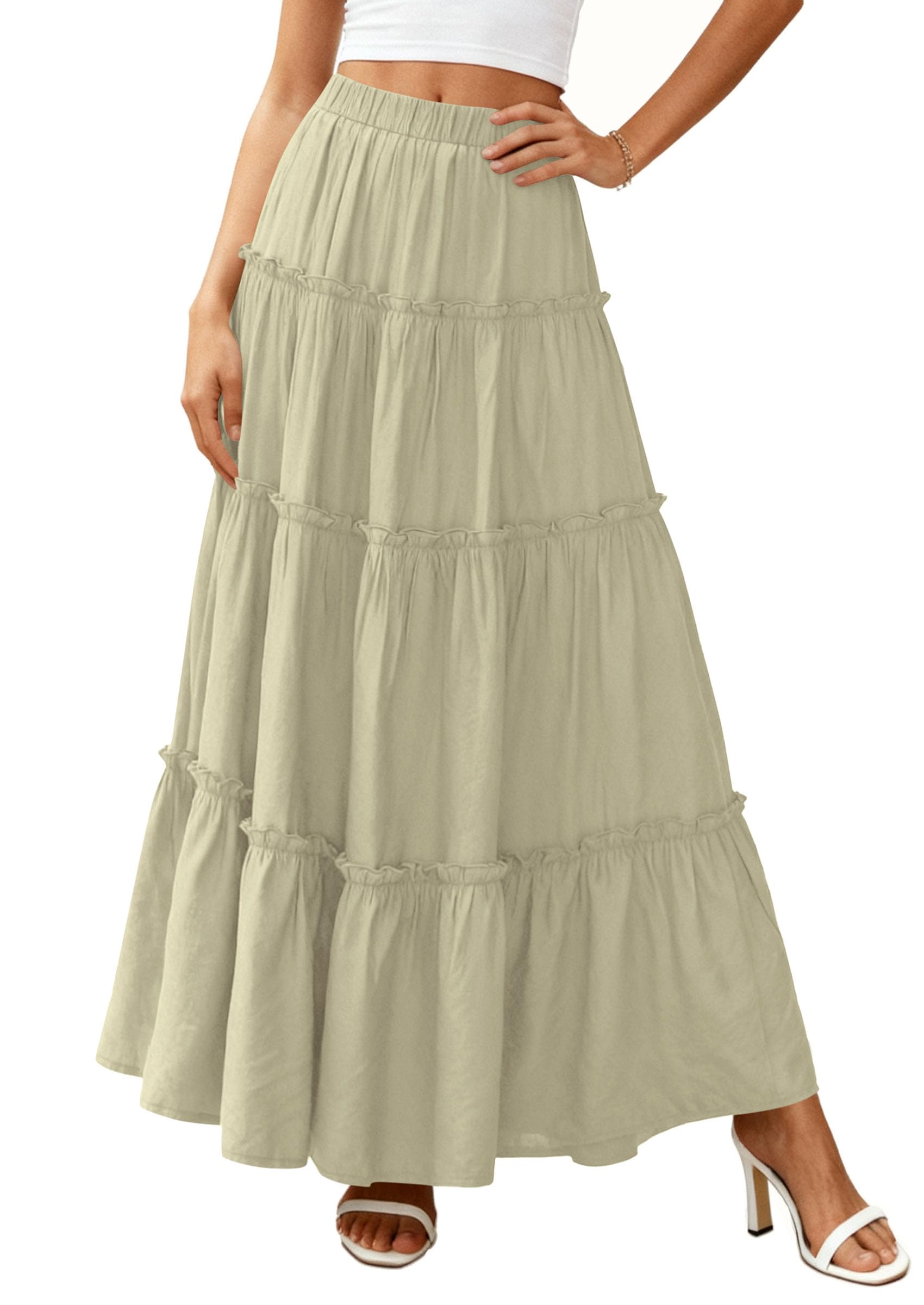 Women's Boho Tiered Ruffle Flowy Maxi Skirt, Sage Green,S