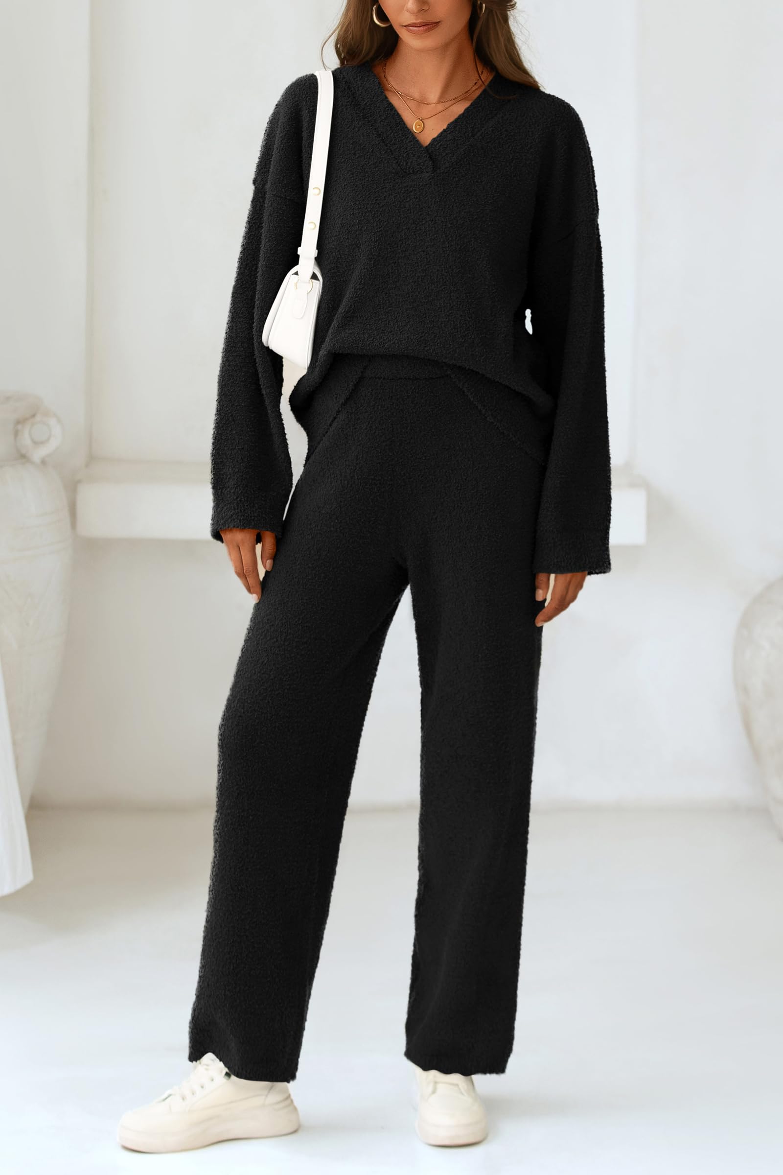 Lounge Sets for Women Fall 2 Piece Fuzzy Sweater Pajama Set