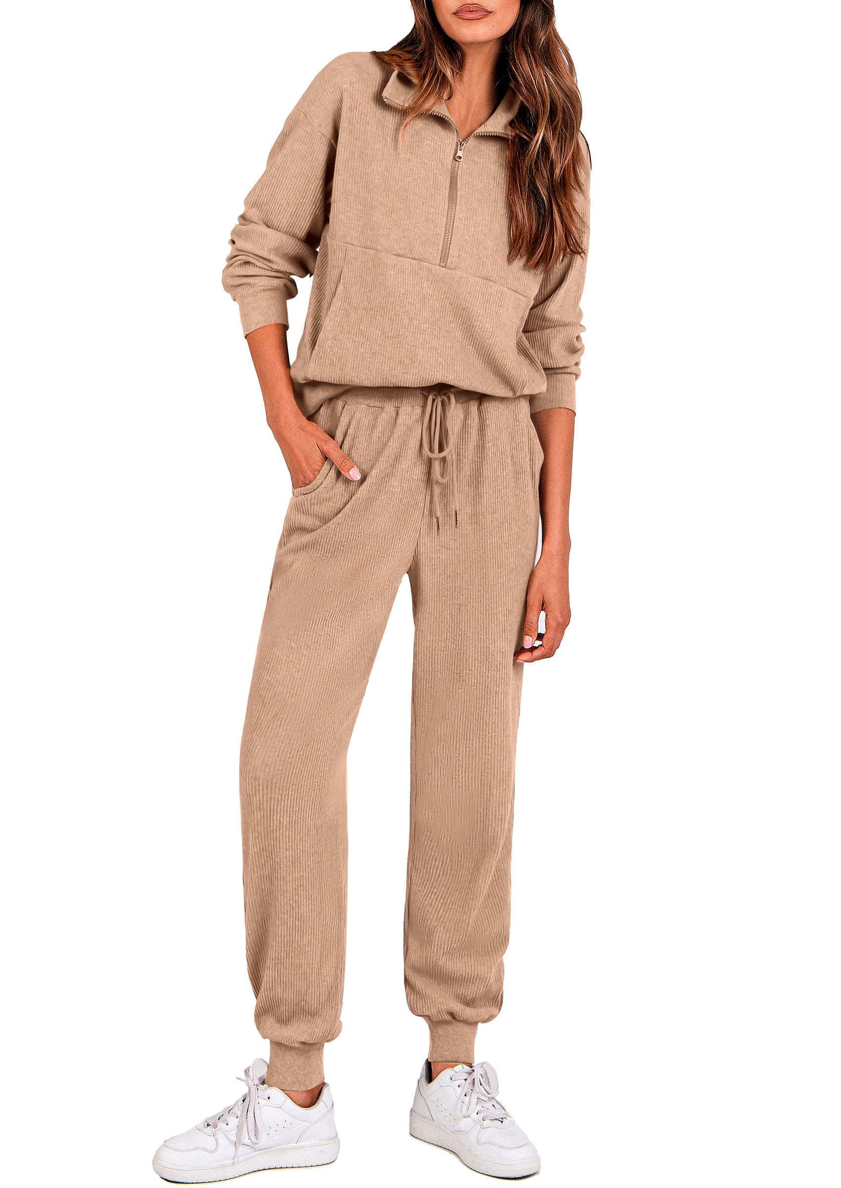 Airport Travel Outfit Women Ribbed Knit Matching Lounge Sets