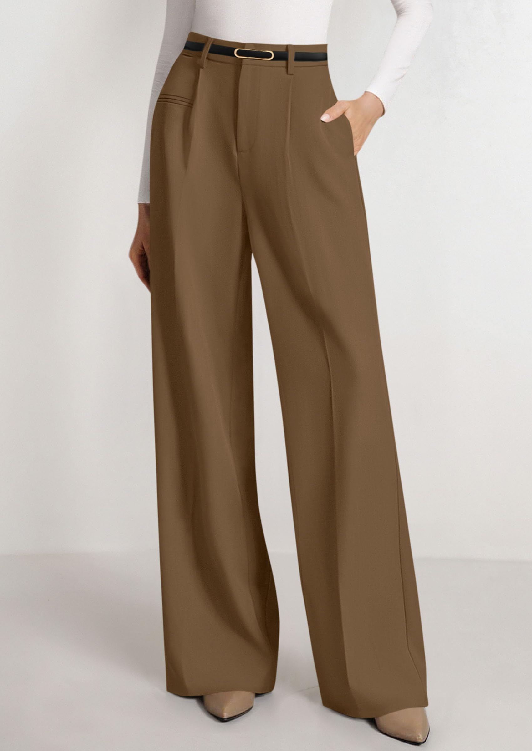 Women's Tailored Wide Leg Work Dress Pants,Brown,S