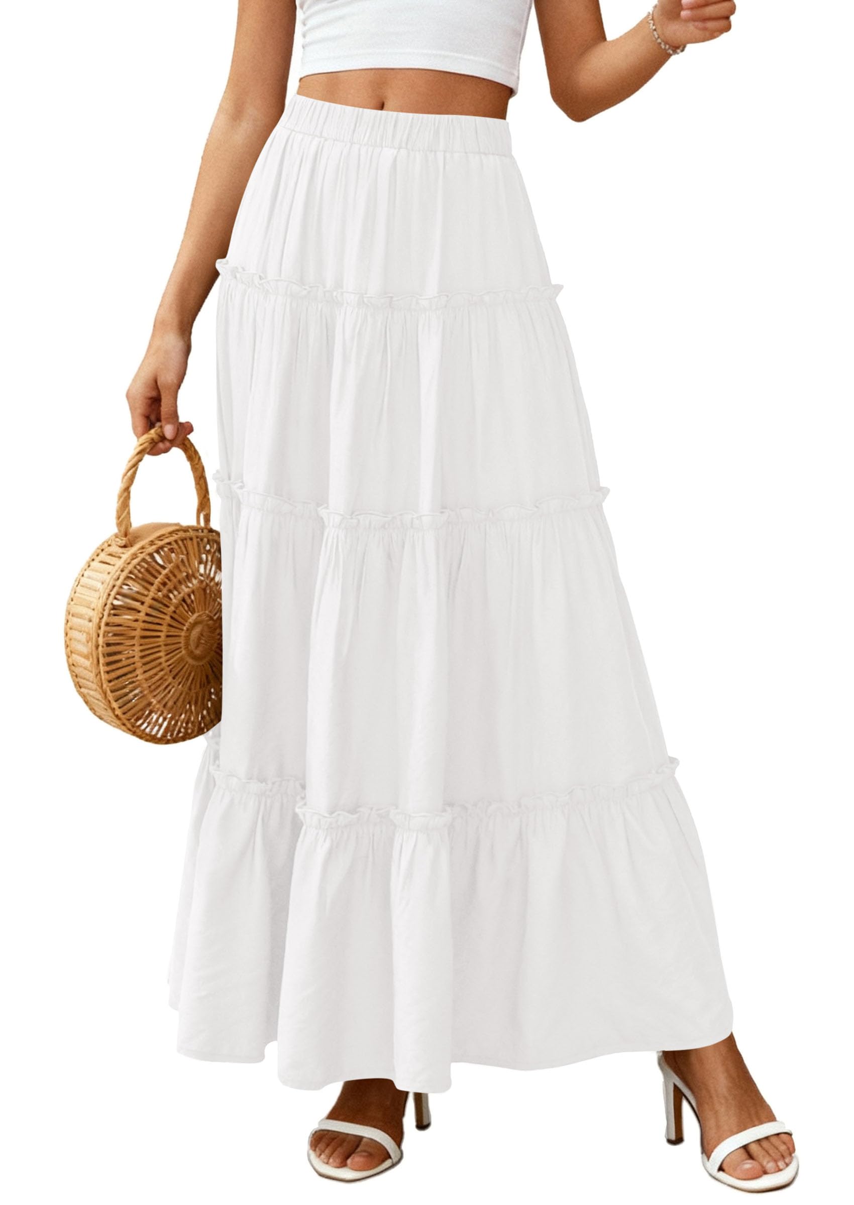 Women's Boho Tiered Ruffle Flowy Maxi Skirt, White,M