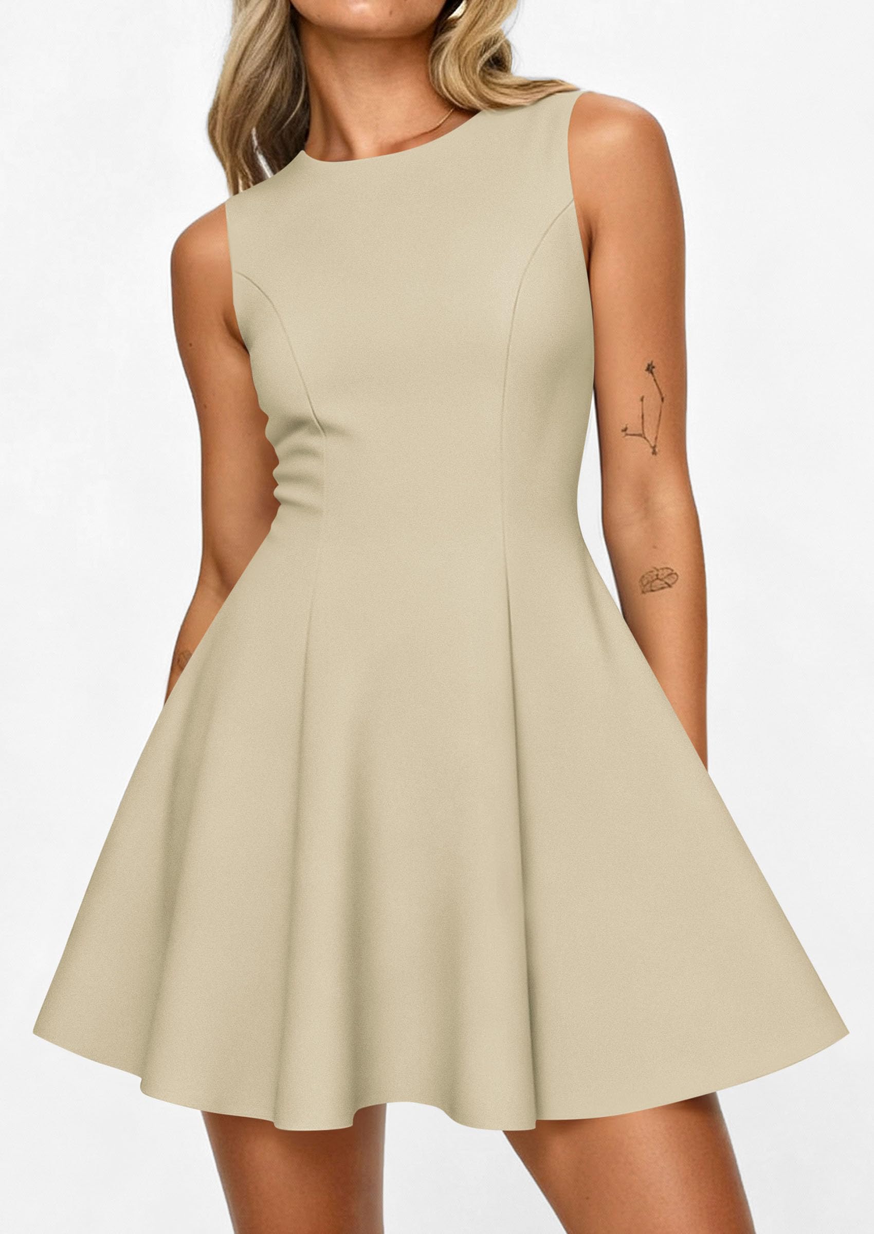 Women's Formal Boat Neck A Line Mini Dress,Beige,XS