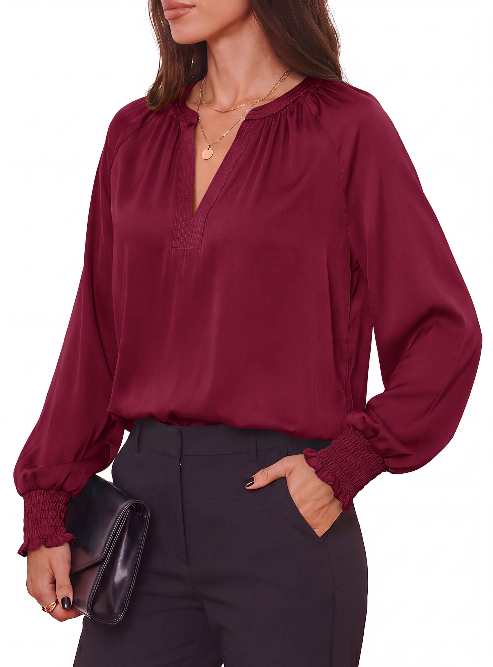 Women's Satin Blouses V Neck Long Sleeve Tops,Burgundy,S