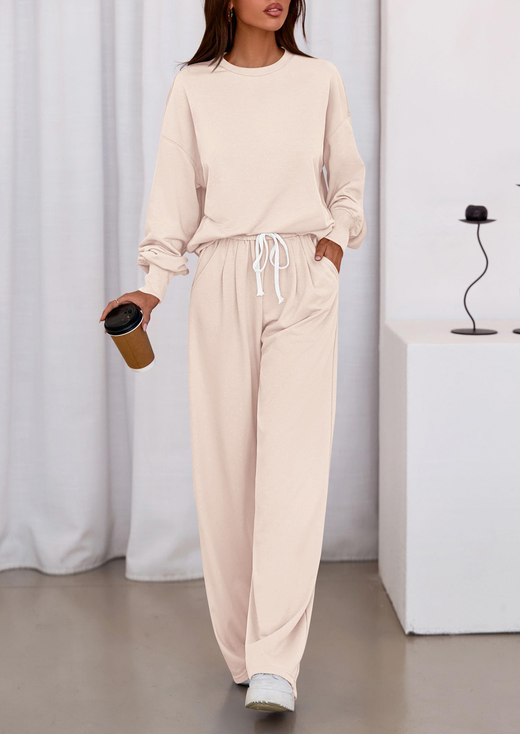 Womens Loose Fit Casual 2 Piece Lounge Set,Beige,S