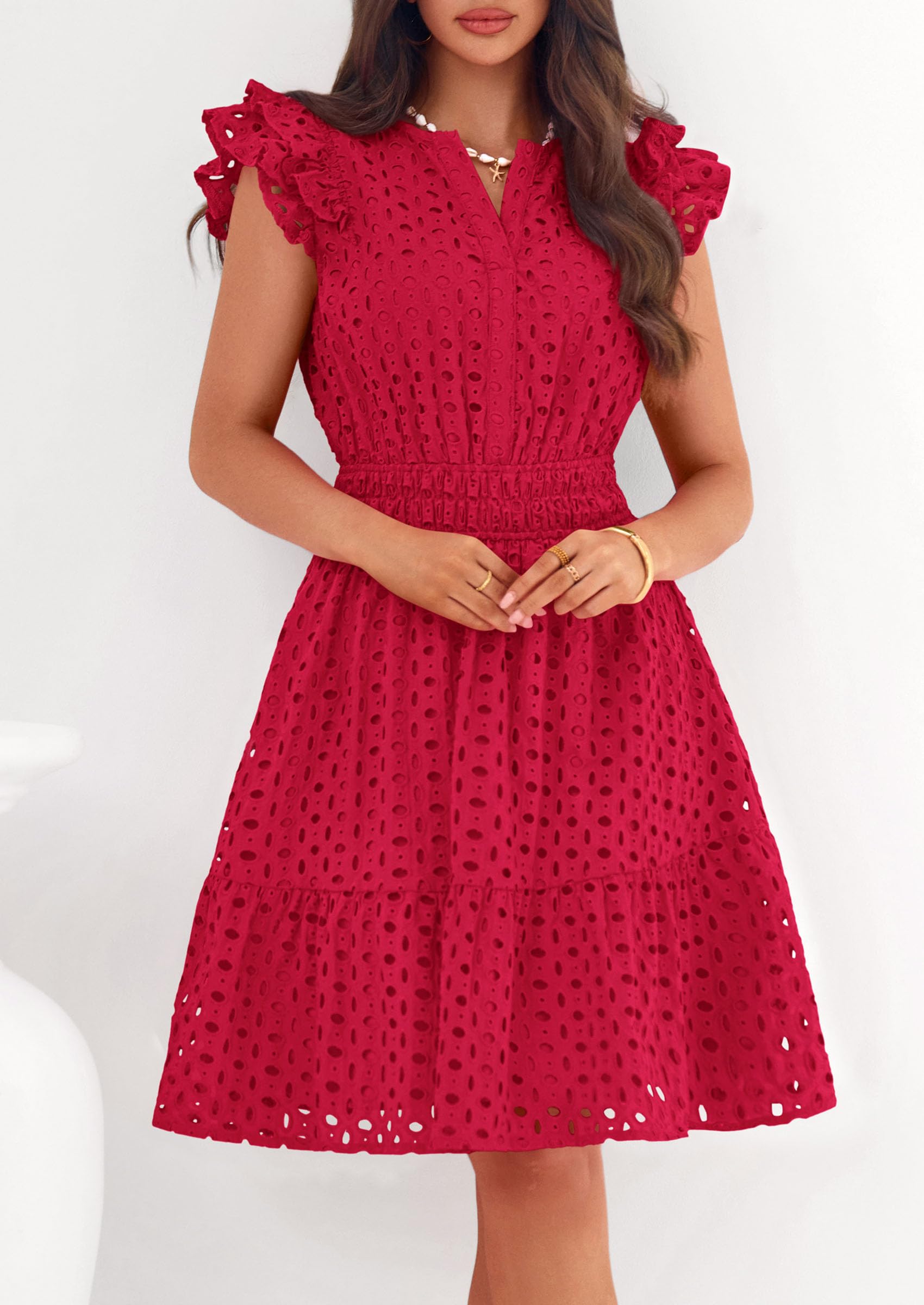 Women's Summer V Neck Eyelet Short Dress (Red,Small)