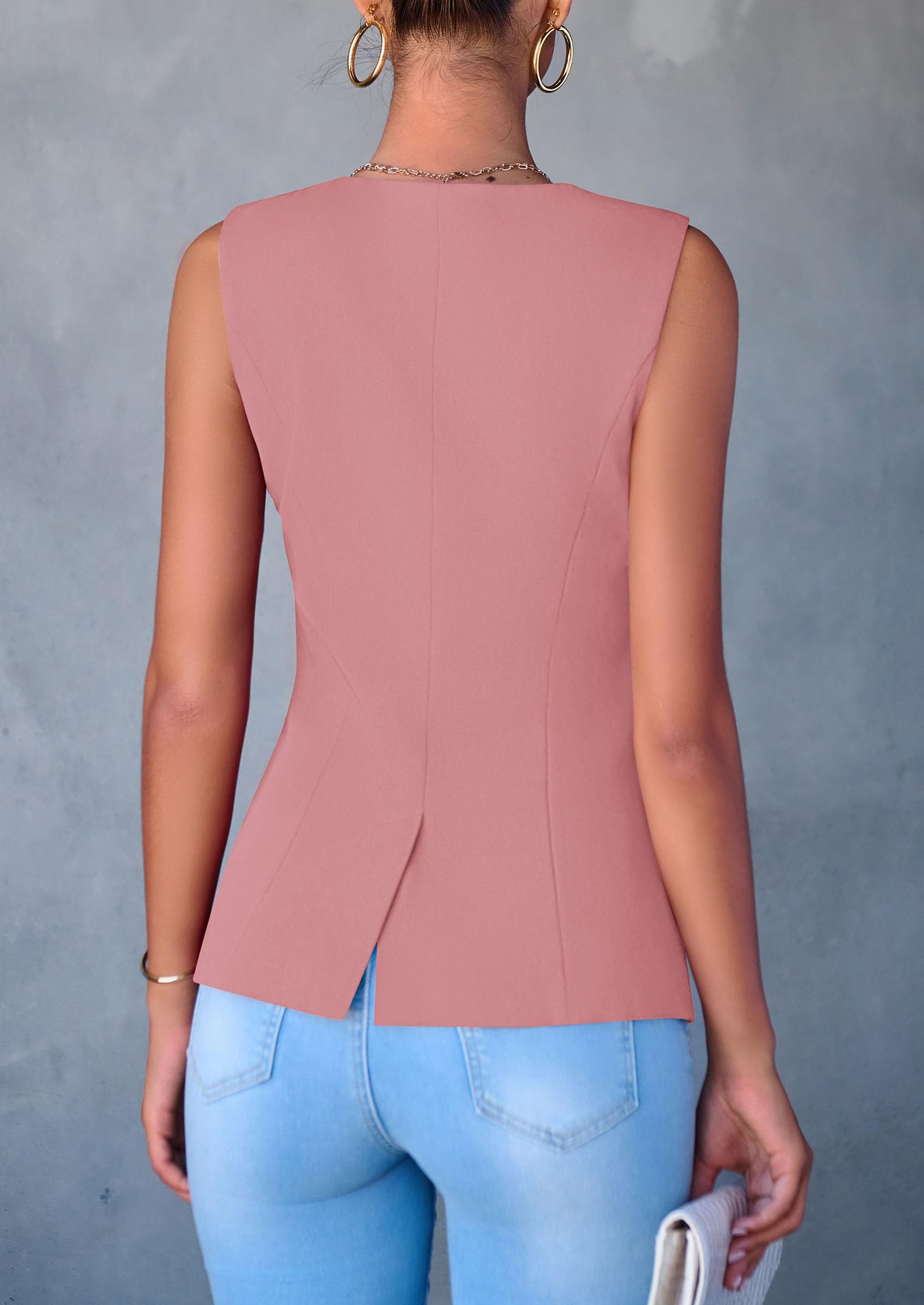 Women Tailored Suit Vest Business Casual Tops, Dark Pink,M