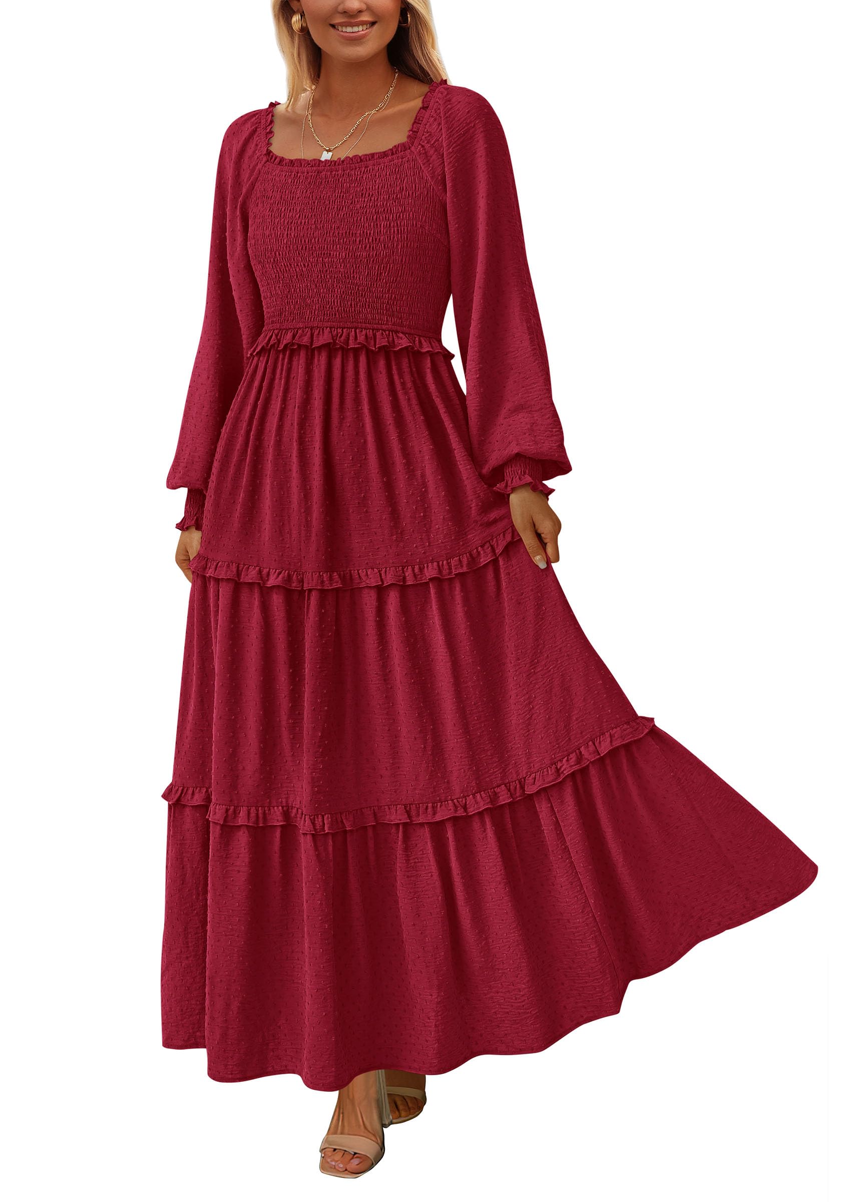 Women's Smocked Long Sleeve Maxi Dress Wedding Guest Dresses