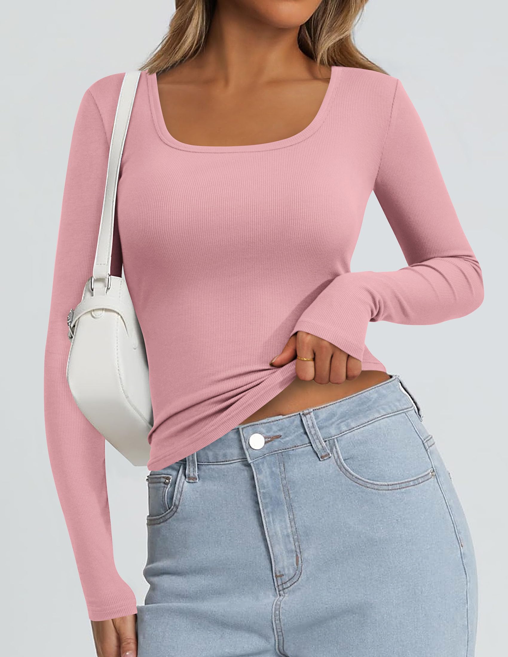 Square Neck Long Sleeve Shirts for Women Pink,XS