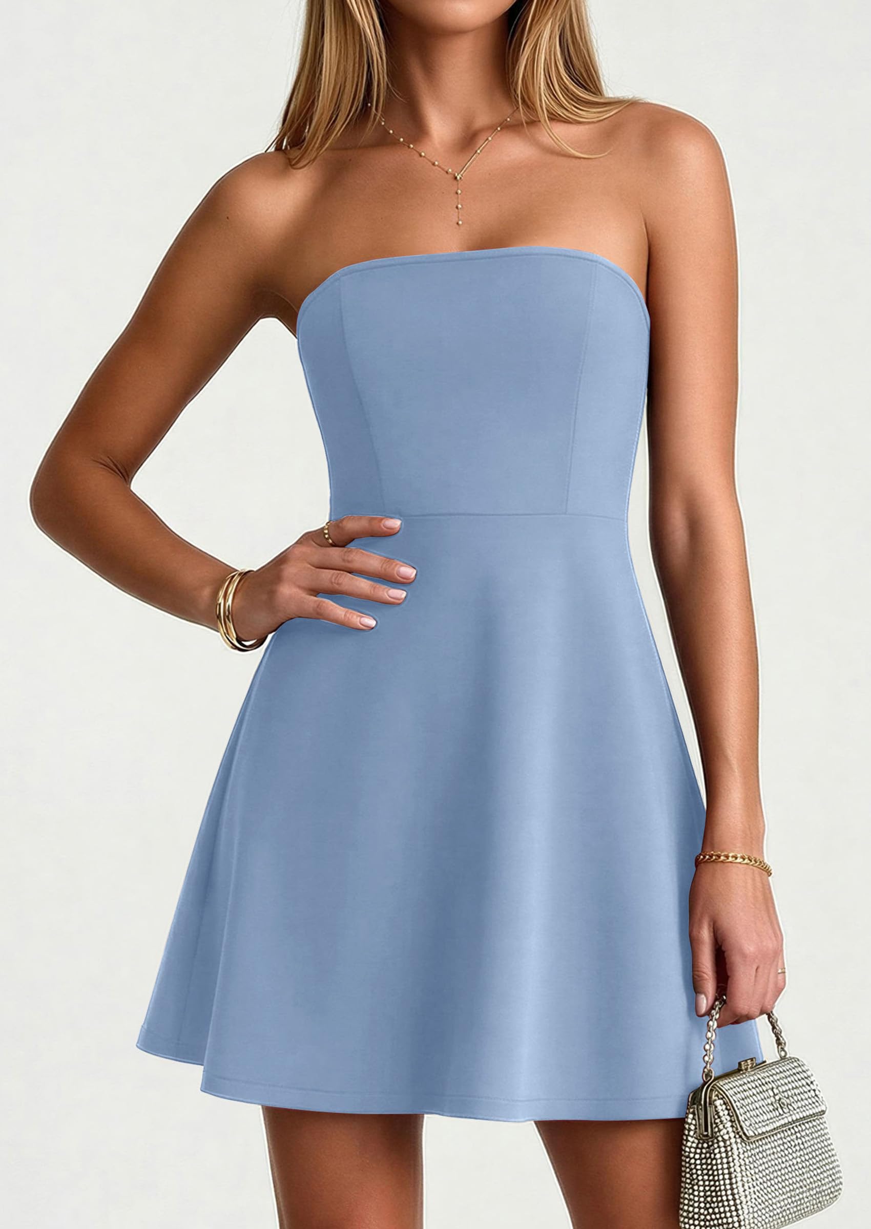 Women's Strapless A Line Mini Summer Dresses Light Blue,XS