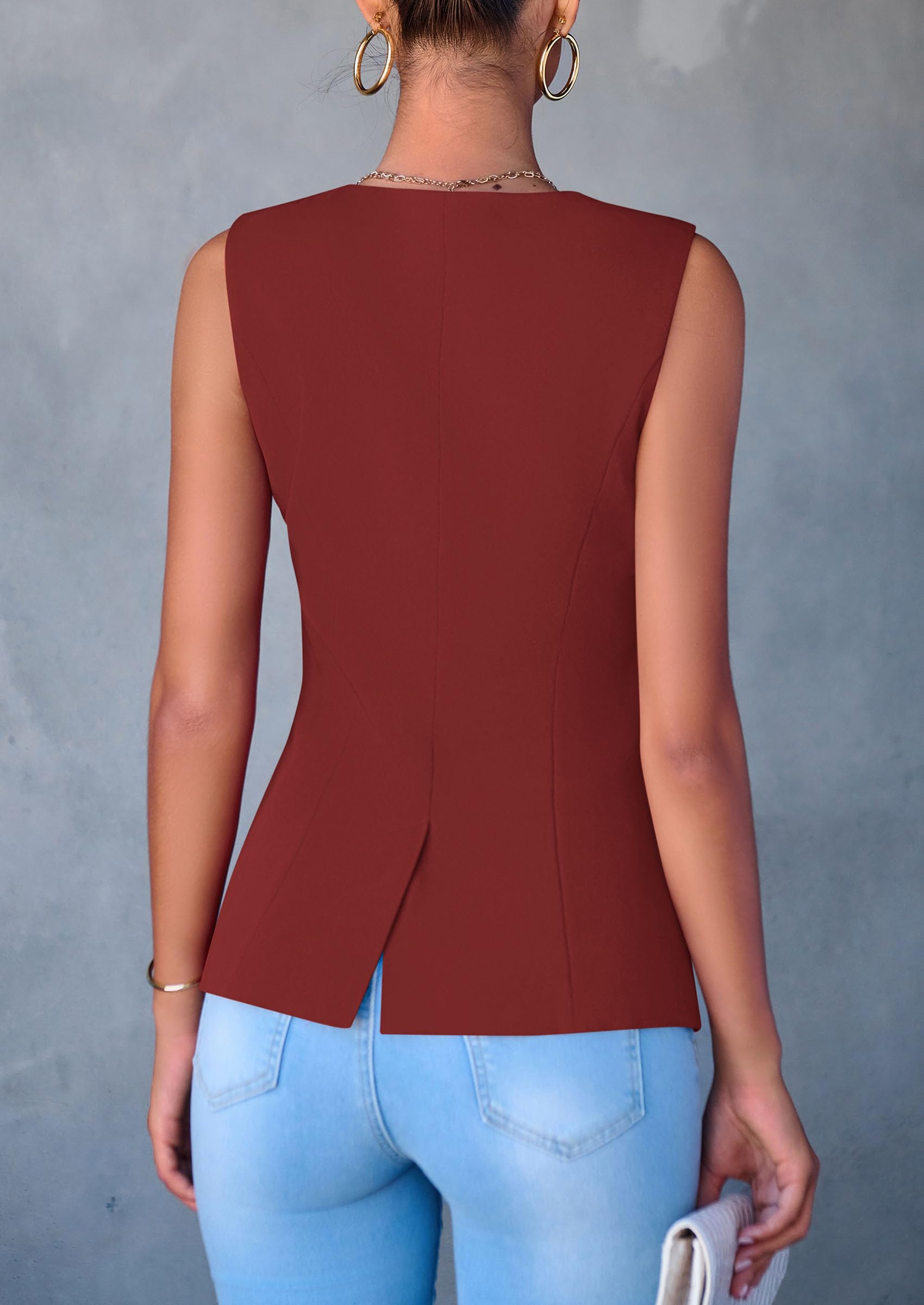 Women Tailored Suit Vest Business Casual Tops, Orange Red,S