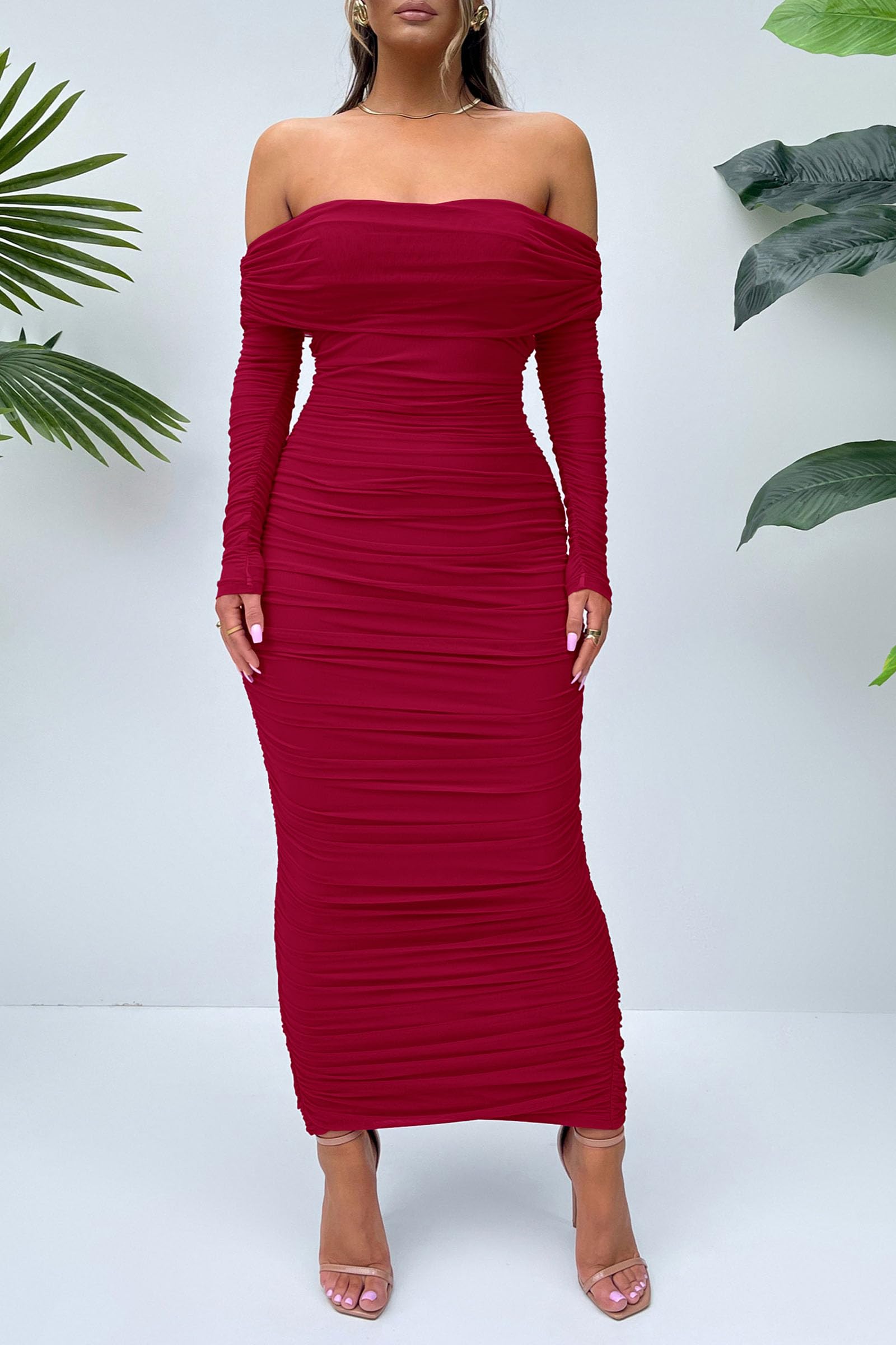 Women's Off Shoulder Bodycon Maxi Dress Wedding Guest Dresses