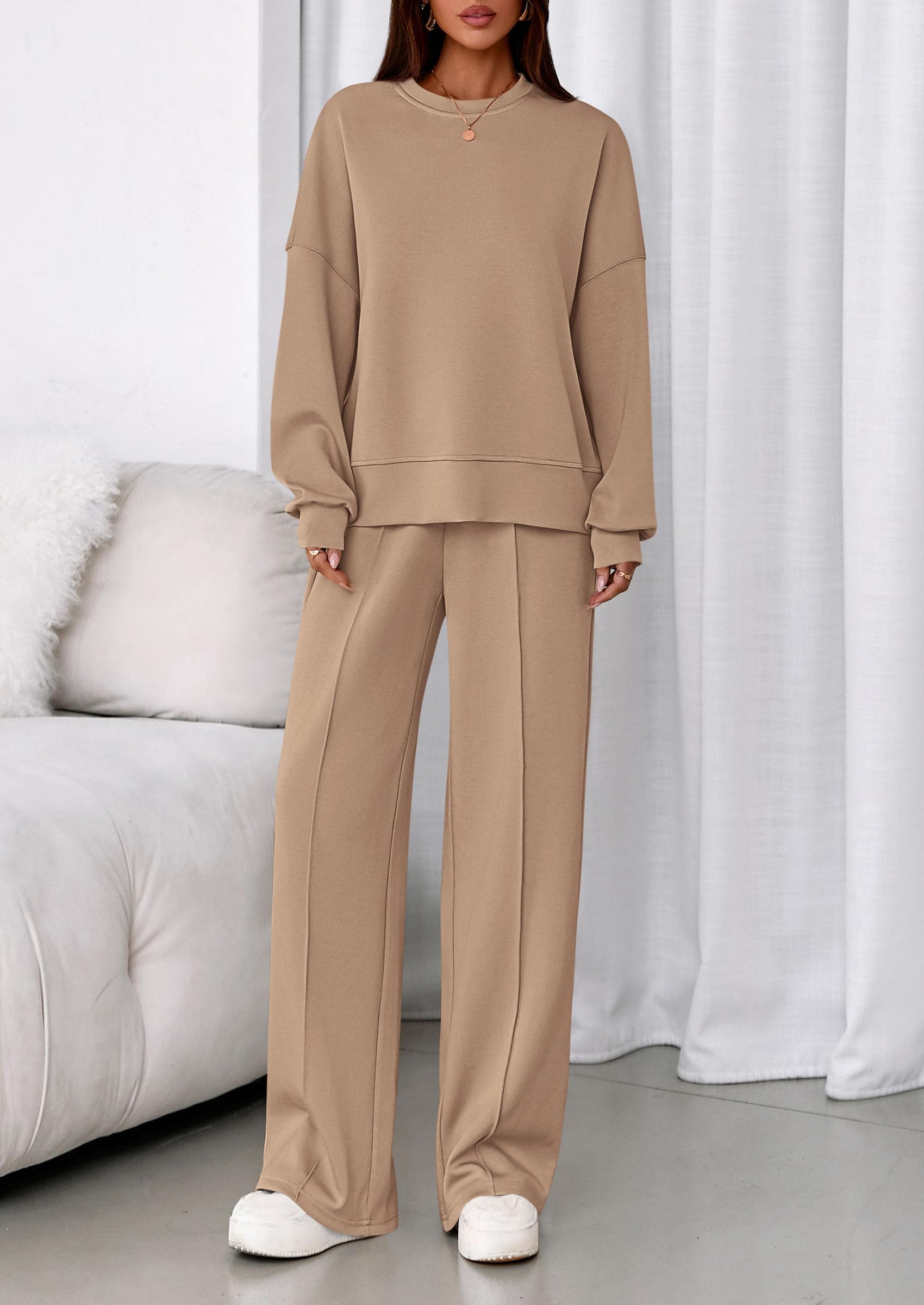 Womens Long Sleeve Sweatshirt 2 Piece Sets,Khaki,S