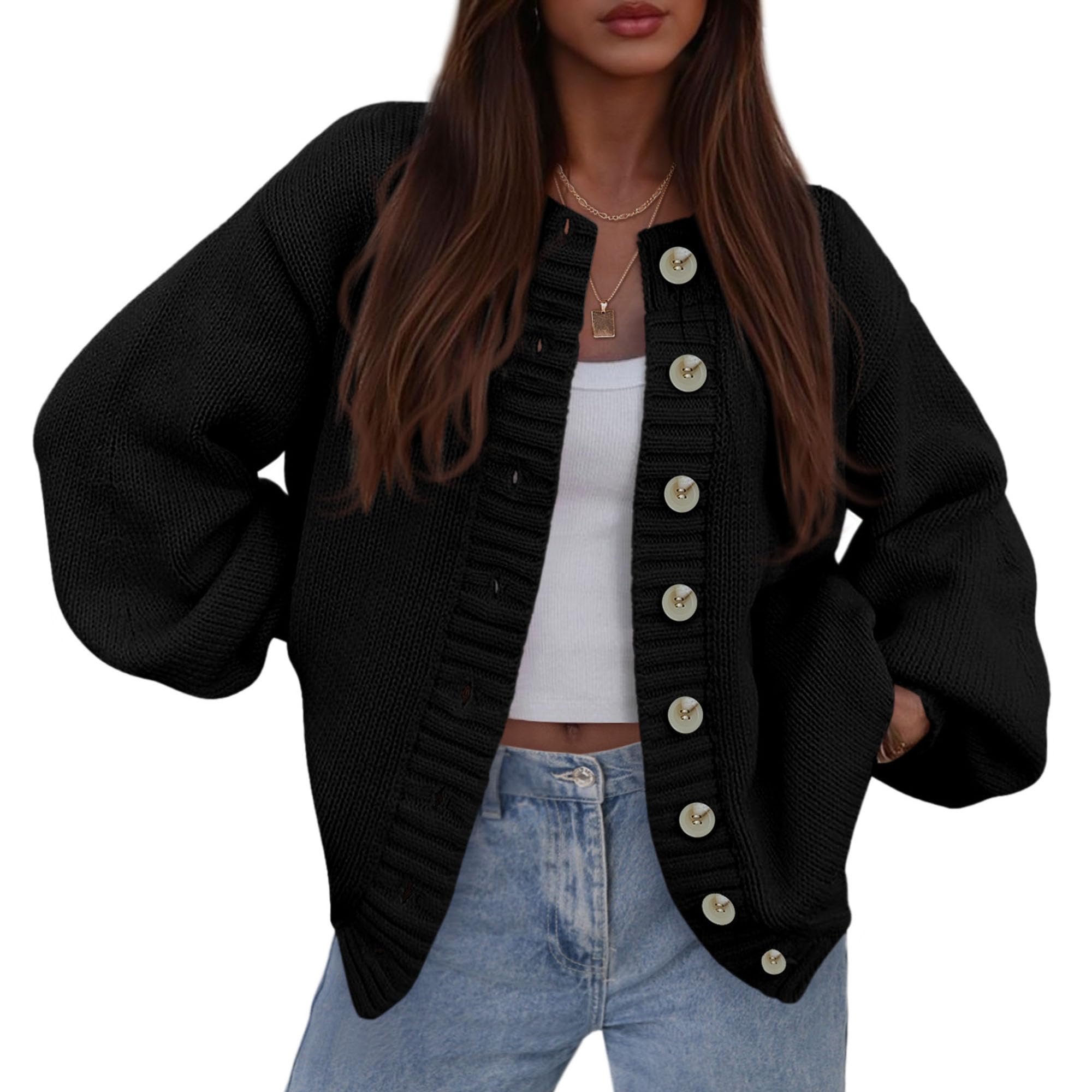 Women's Winter Chunky Cardigan Sweaters (Black,Small)