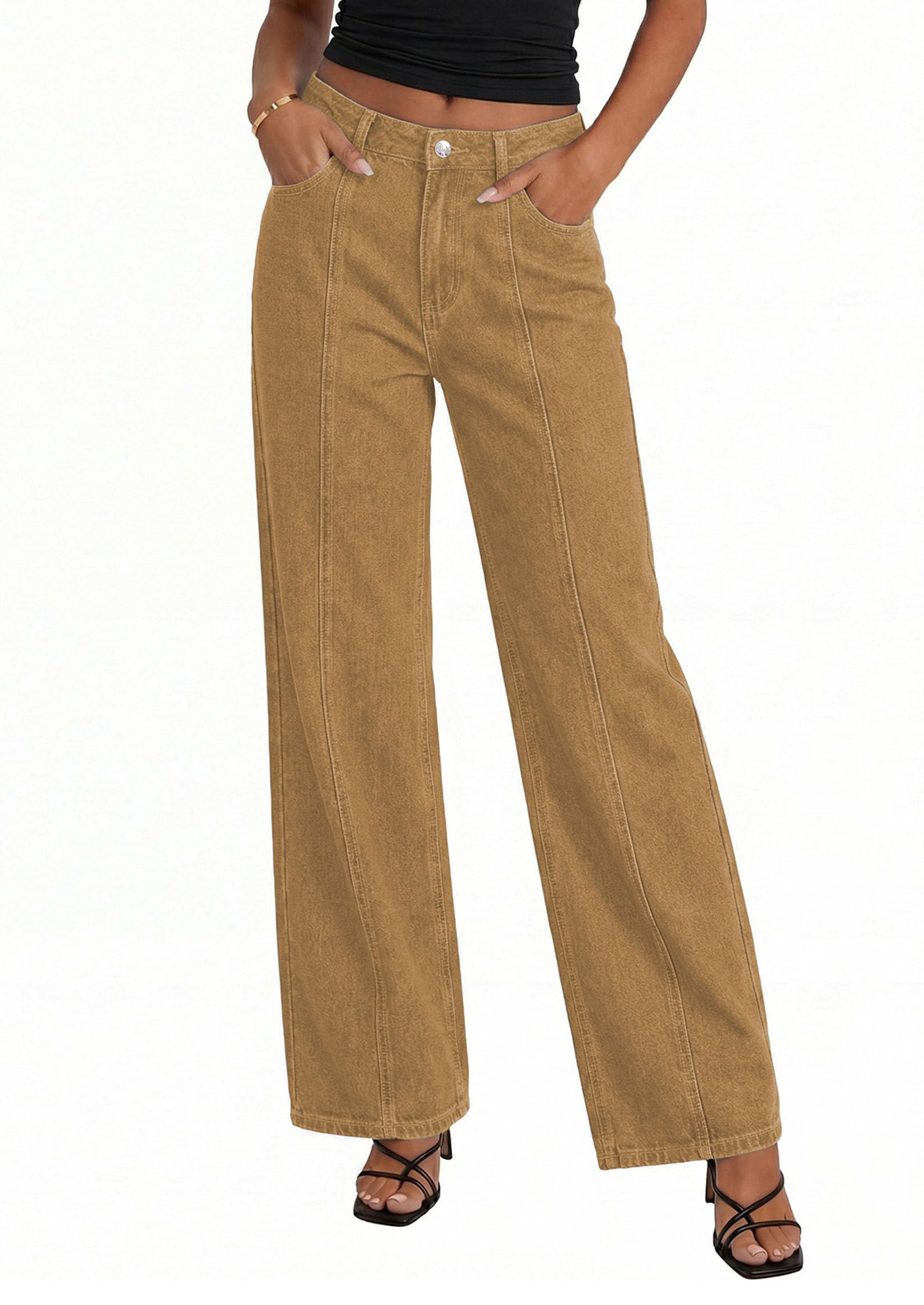 Women's Wide Leg Jeans Stretchy Baggy Denim Pants,Camel,4