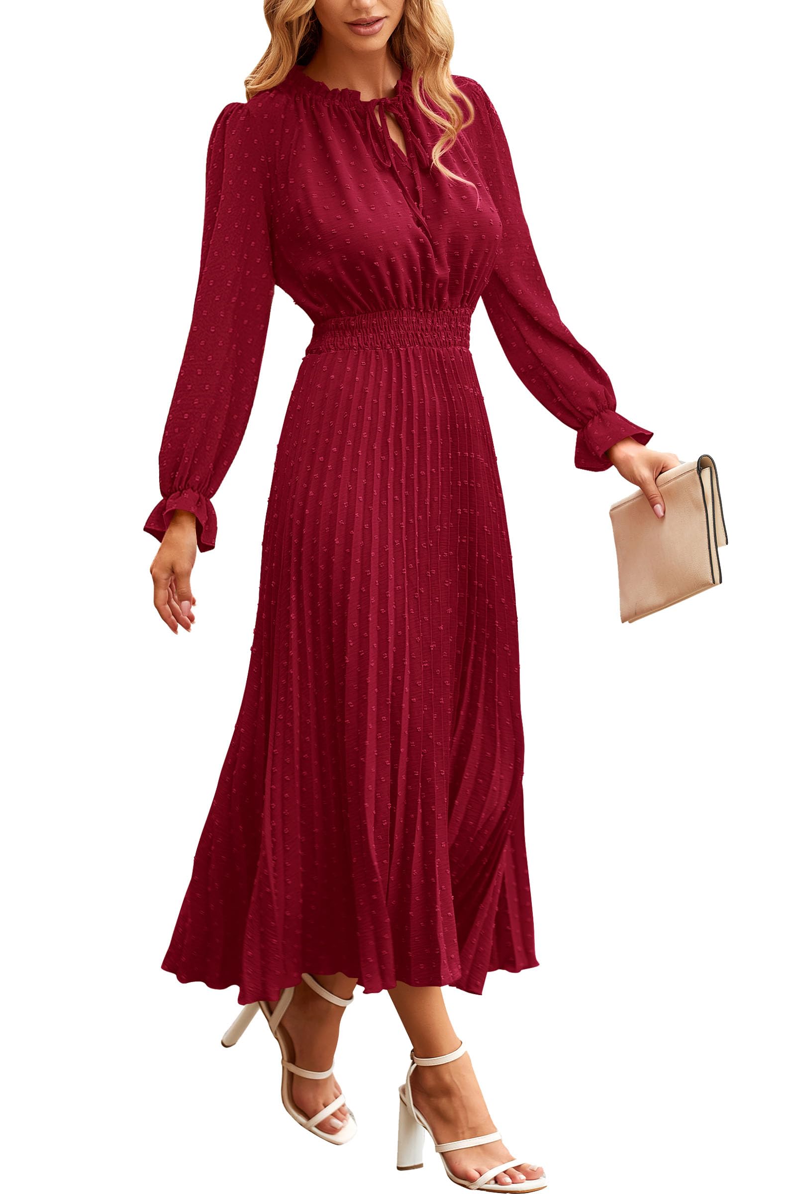 Womens Pleated Midi Dress Casual Long Sleeve V Neck Swiss Dot Beach Flowy Dresses (Wine Red,Small)