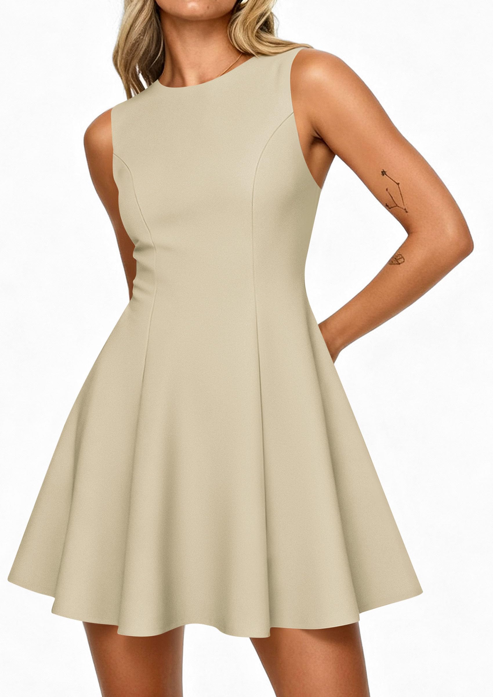 Women's Formal Boat Neck A Line Mini Dress,Beige,XS