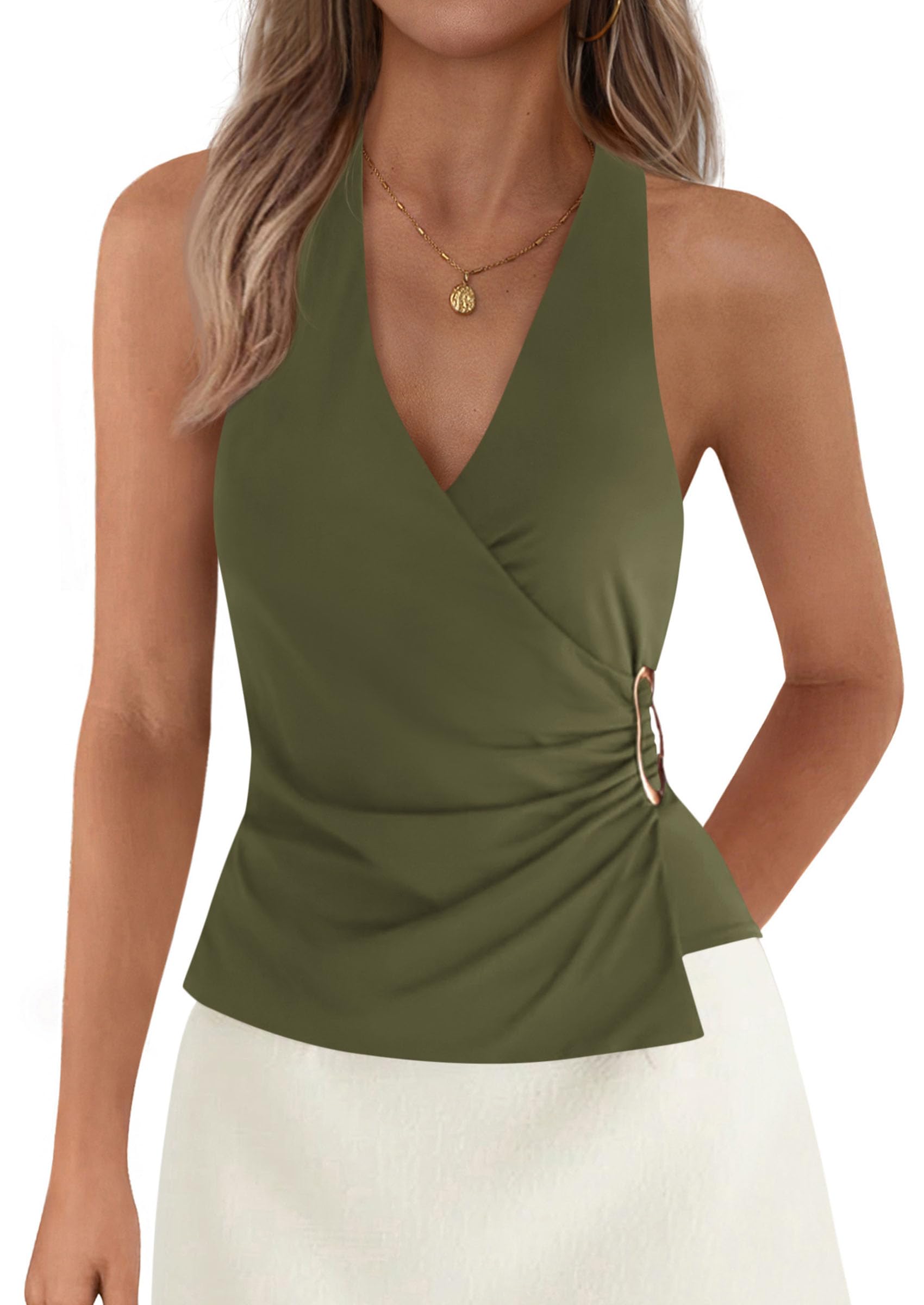 Sleeveless Vneck Tie Halter Tops for Women,Army Green,M