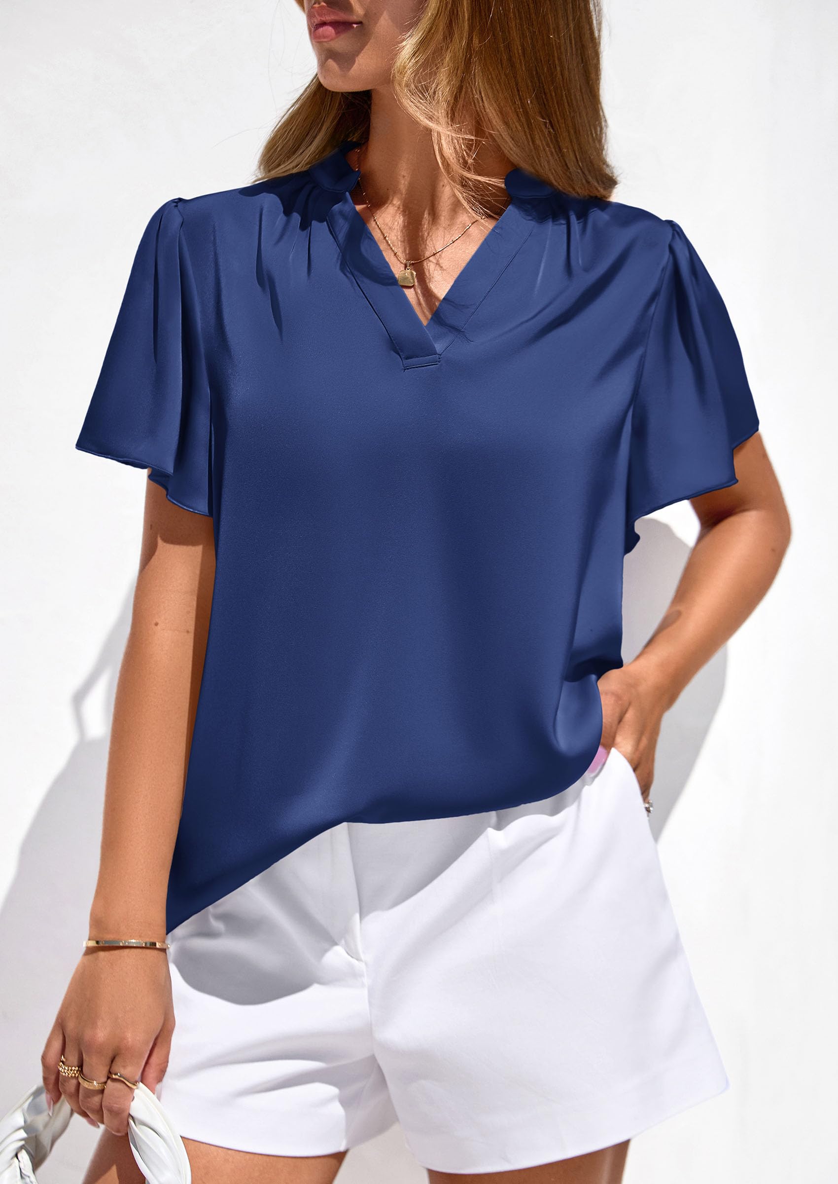 Women's Summer Satin Dressy Casual Blouses (Navy Blue,S)