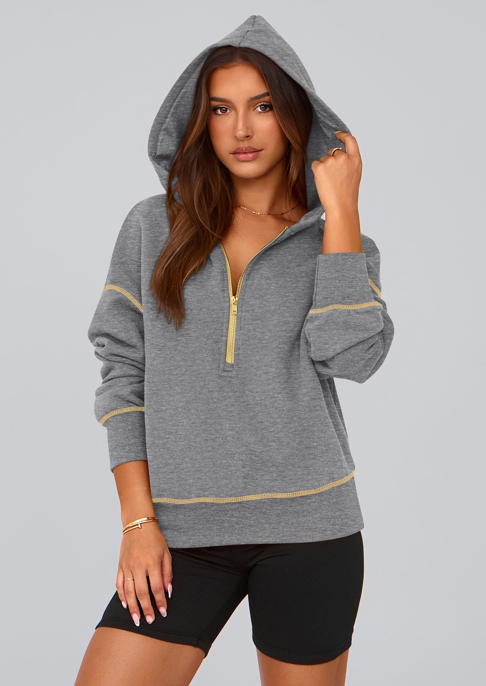 Women's Fall Half Zip Cropped Hoodie Sweatshirt Dark Grey