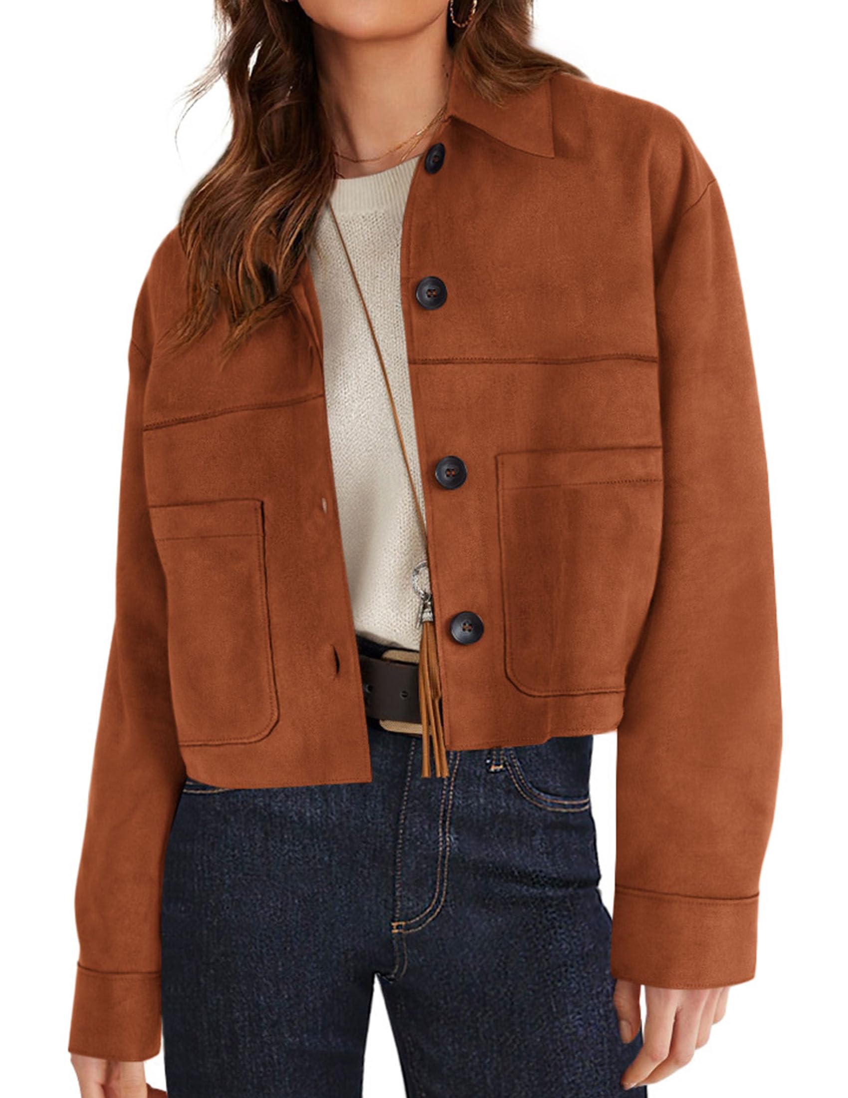 Women's Faux Suede Shacket Jackets Lightweight Cropped Coats