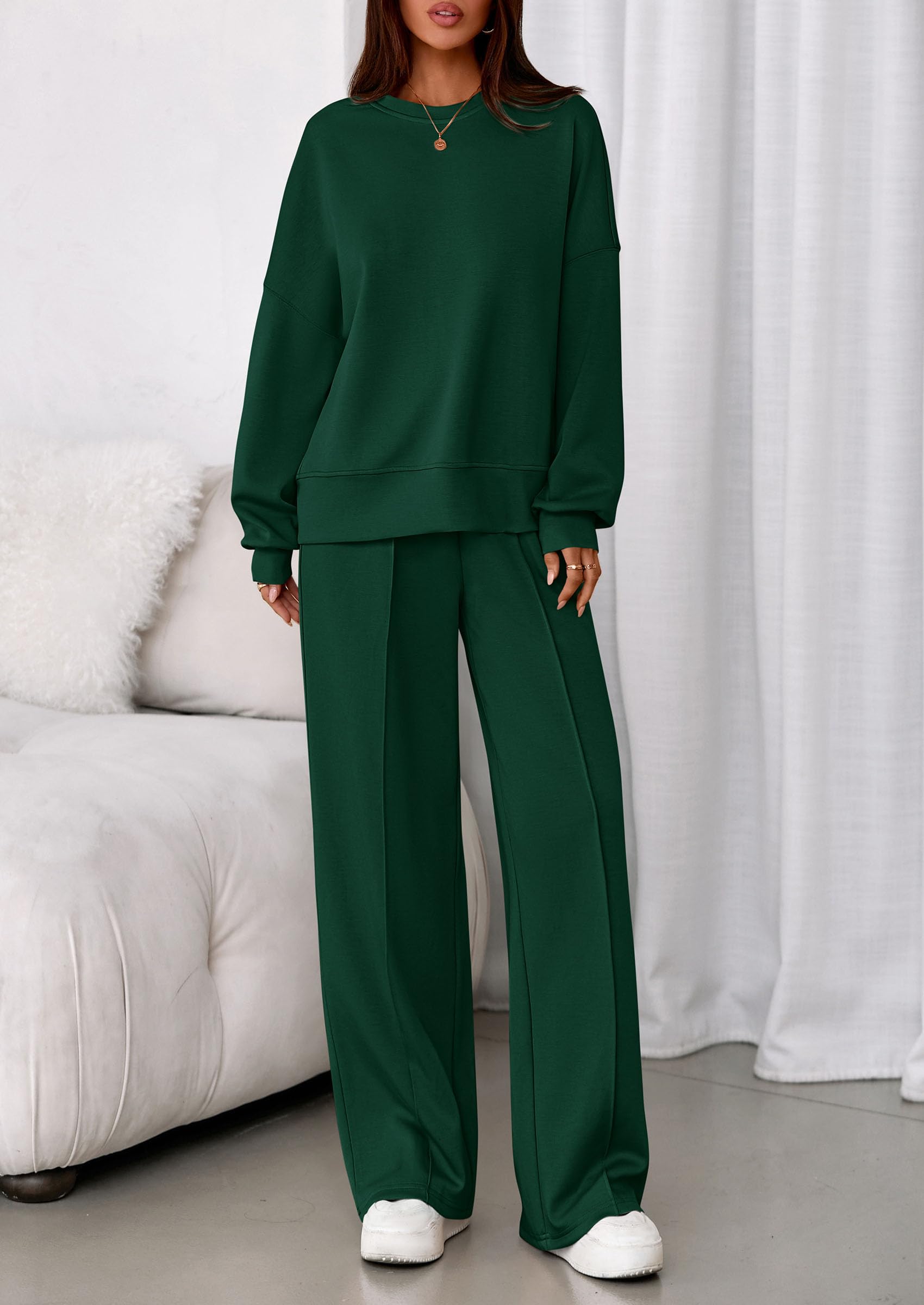 Womens Long Sleeve Sweatshirt 2 Piece Sets,Dark Green,S
