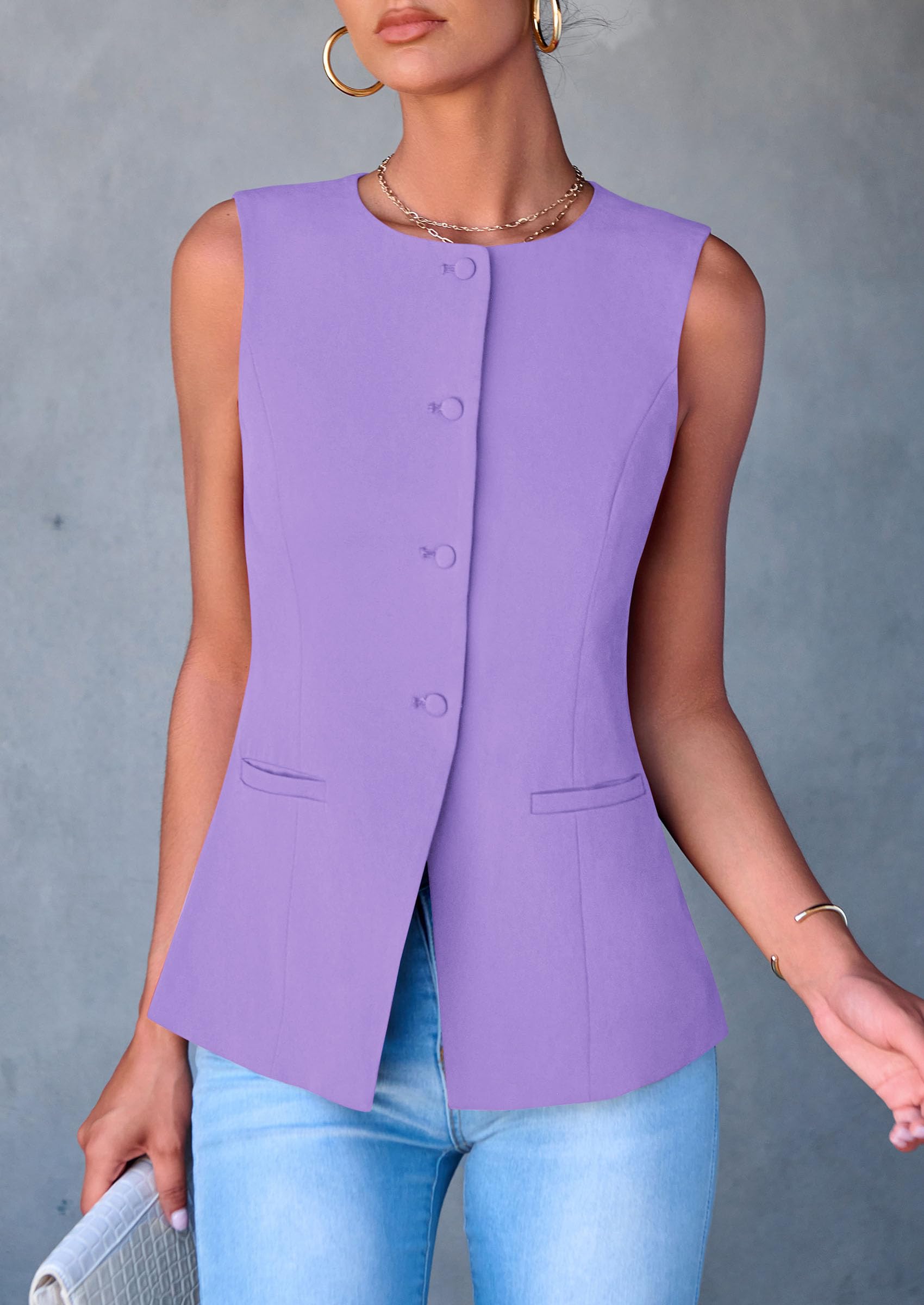Women Tailored Suit Vest Business Casual Tops, Light Purple,S