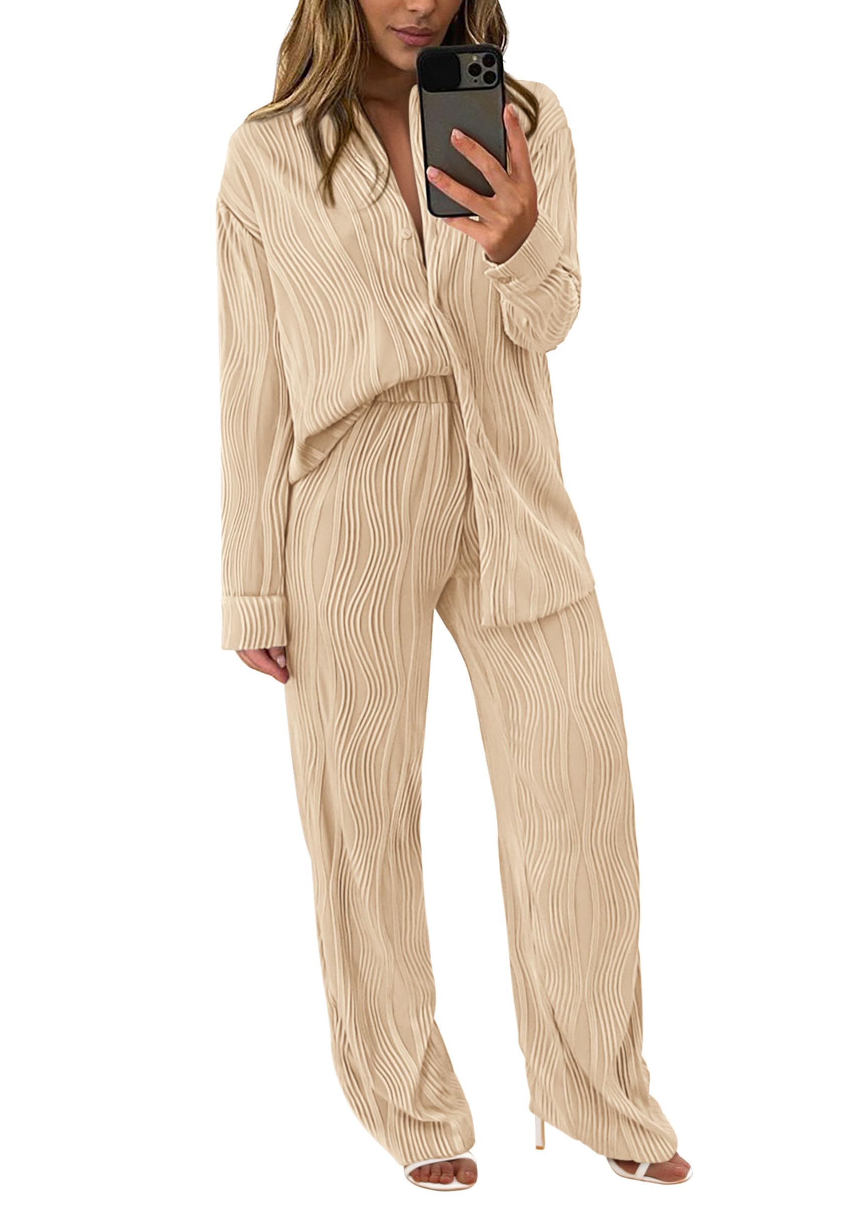 Womens 2 Piece Sets Button Down Lounge Tracksuit,Apricot,S