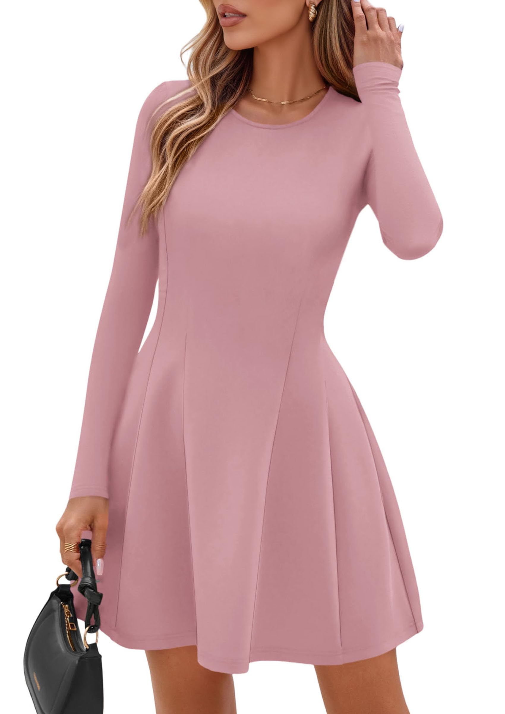 Womens Long Sleeve Pleated Mini Dress,Pink,XS