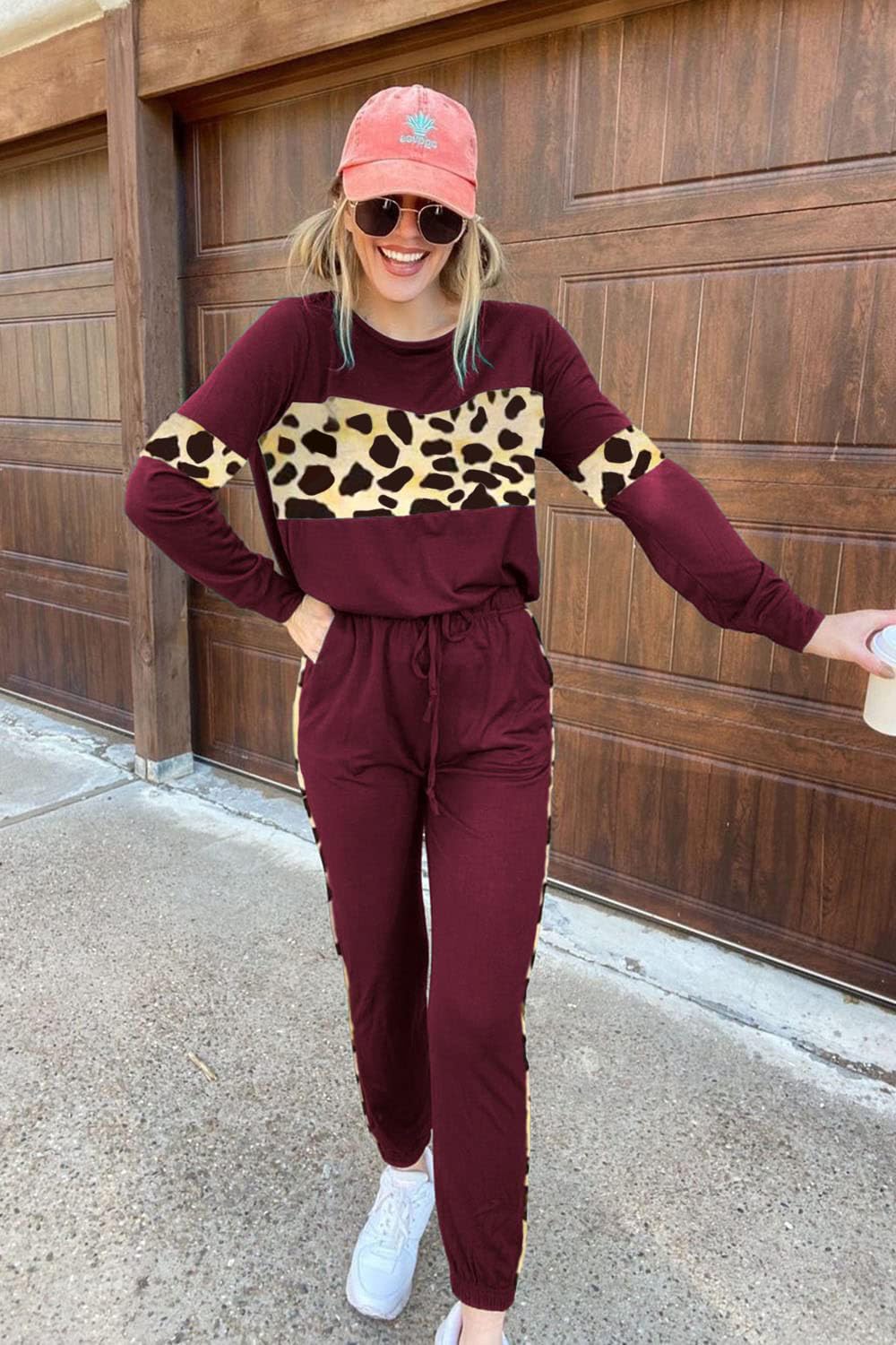 Women Color Block 2 Piece Sets Tracksuit,Leopard Wine Red,S