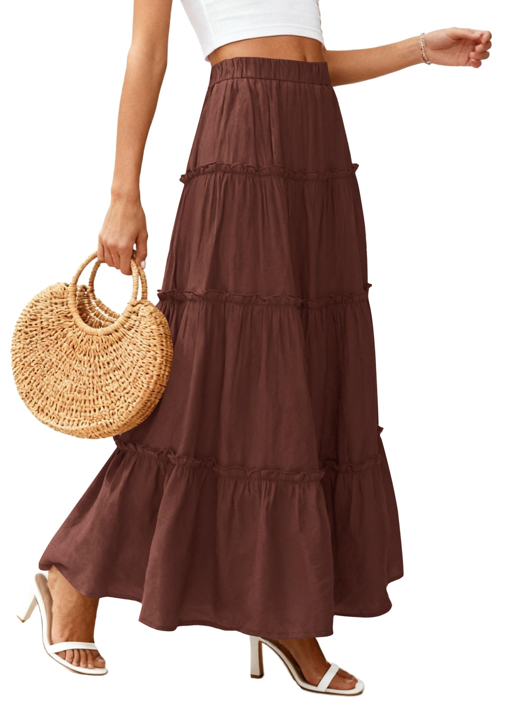 Women's Boho Tiered Ruffle Flowy Maxi Skirt, Brown,S