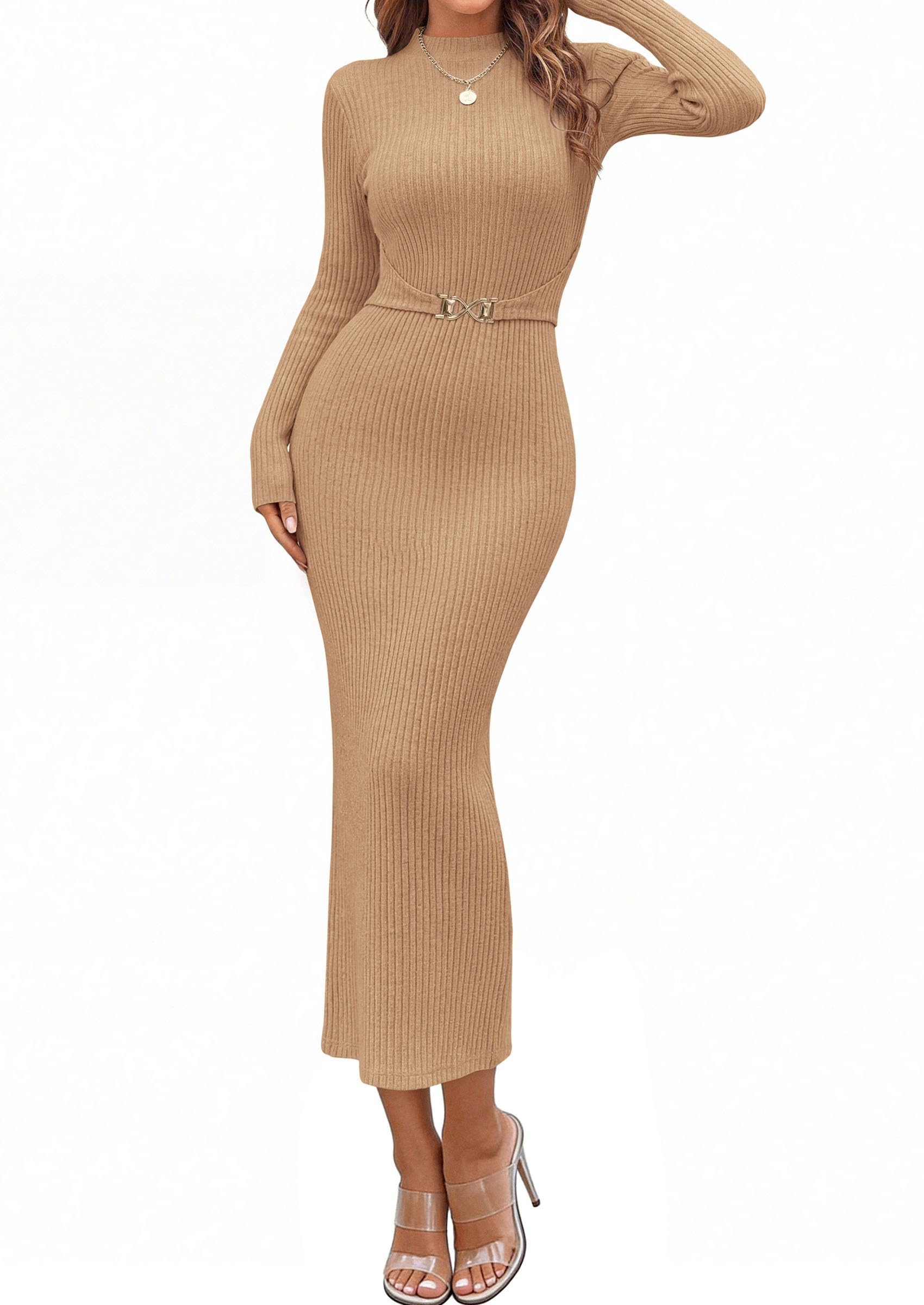 Women's Long Sleeve Bodycon Maxi Sweater Dress Khaki,XS