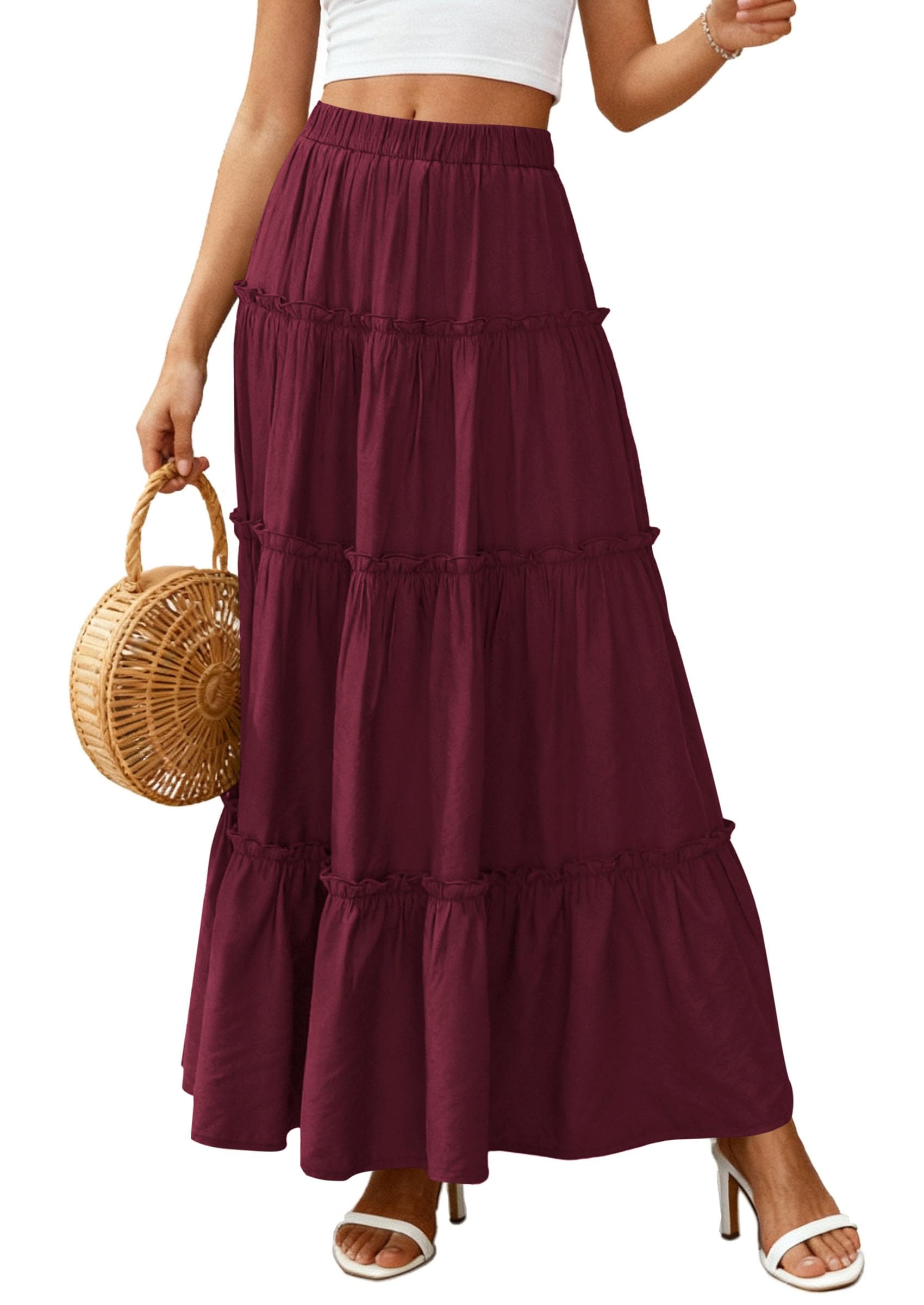 Women's Boho Tiered Ruffle Flowy Maxi Skirt, Burgundy,S