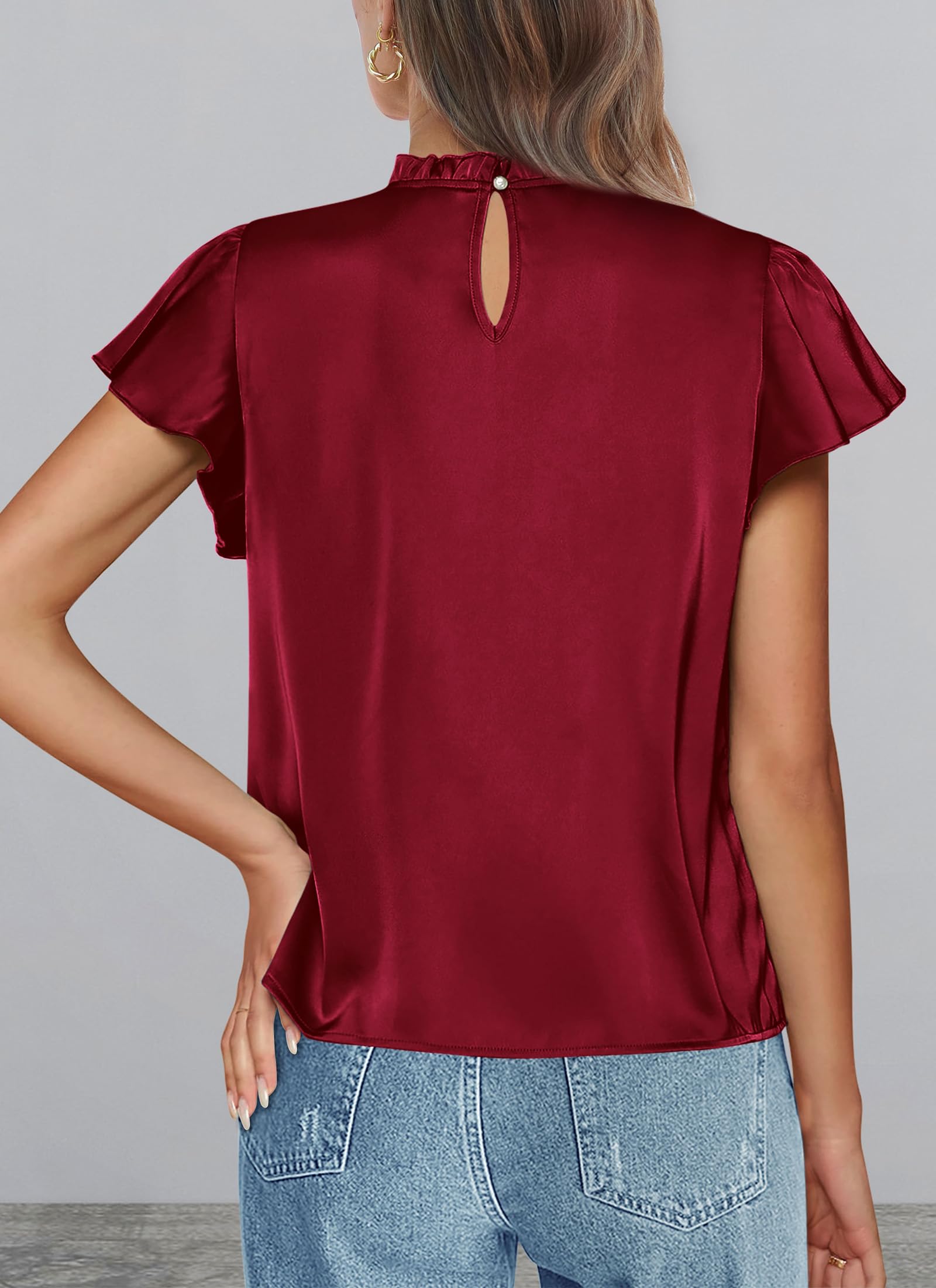 Women's Satin Tops Business Casual Work Blouses, Wine Red,S