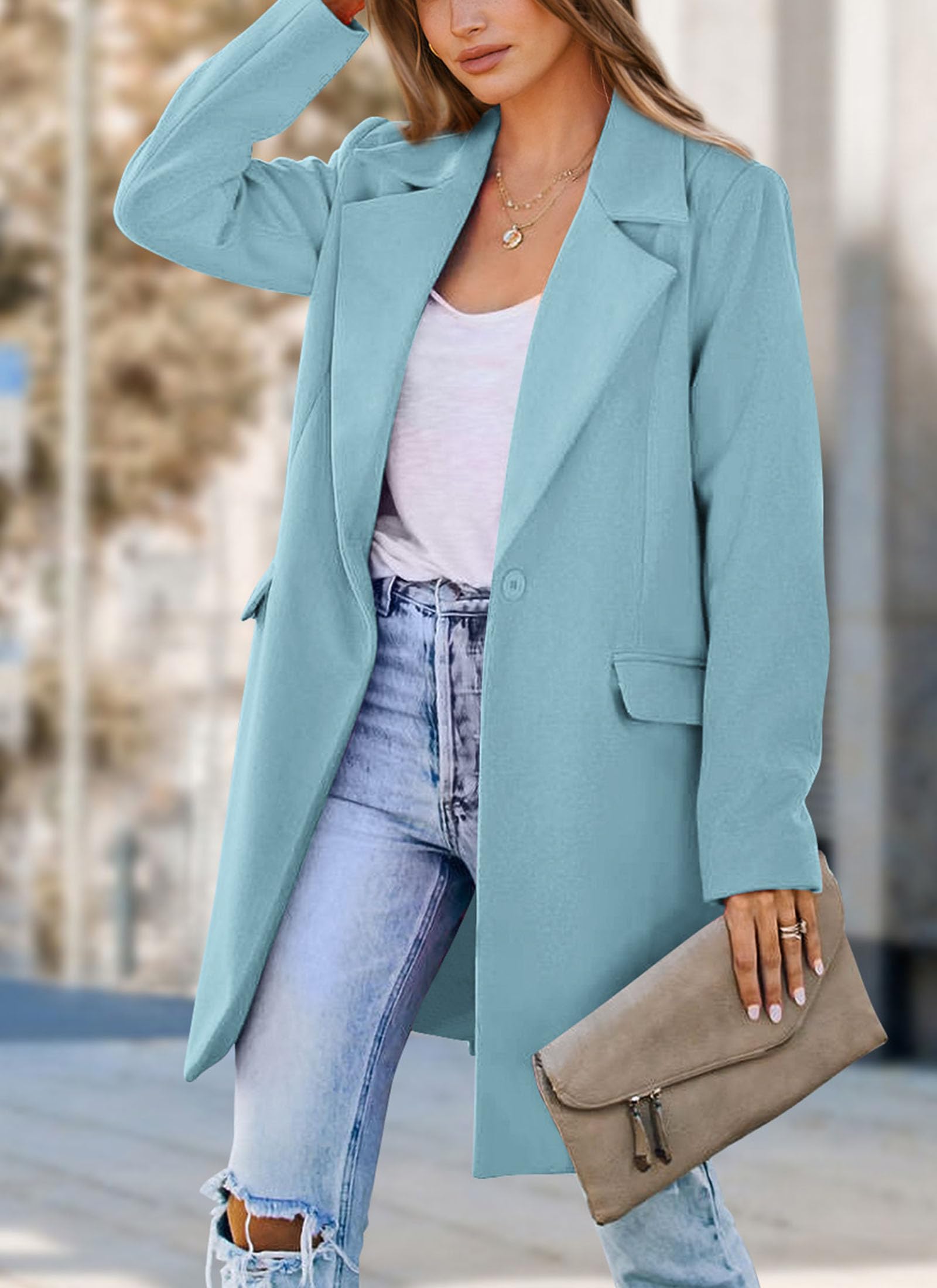 Women's Business Casual Long Blazer Jackets(Sky Blue,S)
