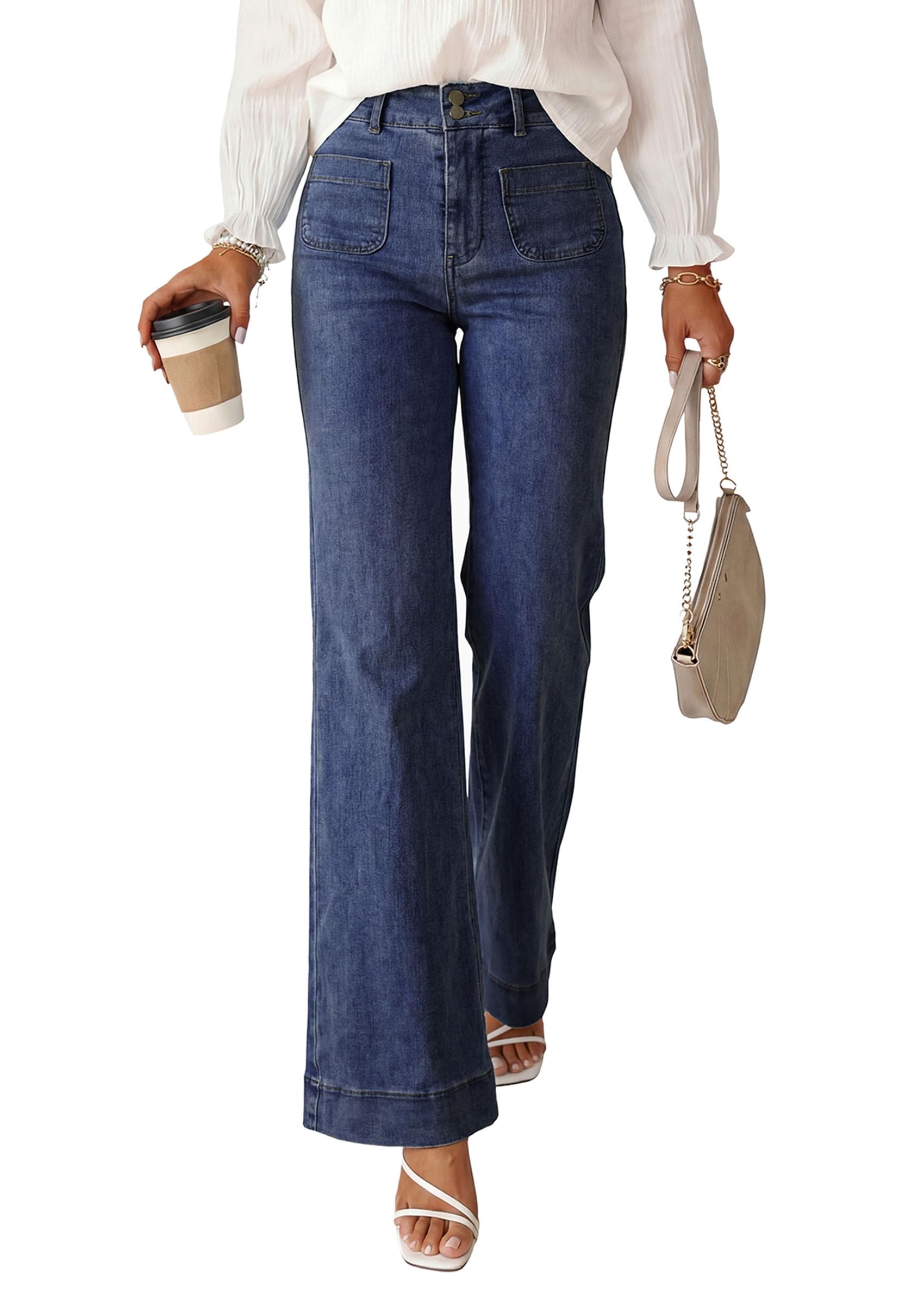 Womens Wide Leg High Waisted Trendy Jeans,Navy,4