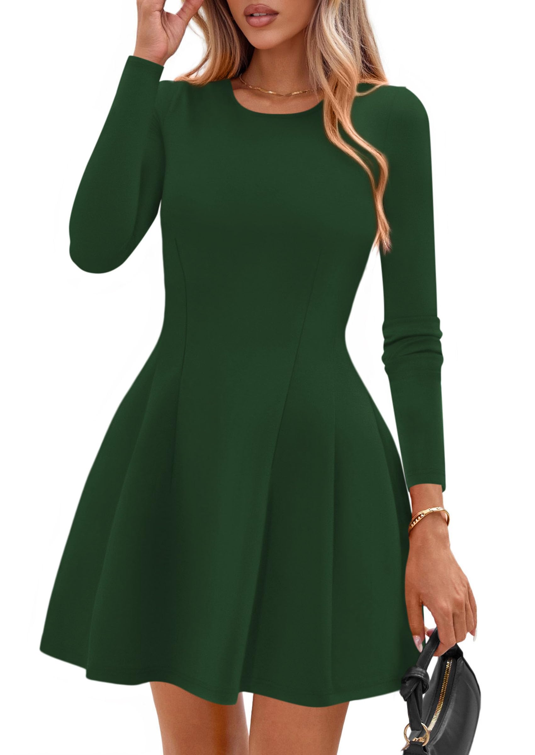 Womens Long Sleeve Pleated Mini Dress,Green,XS