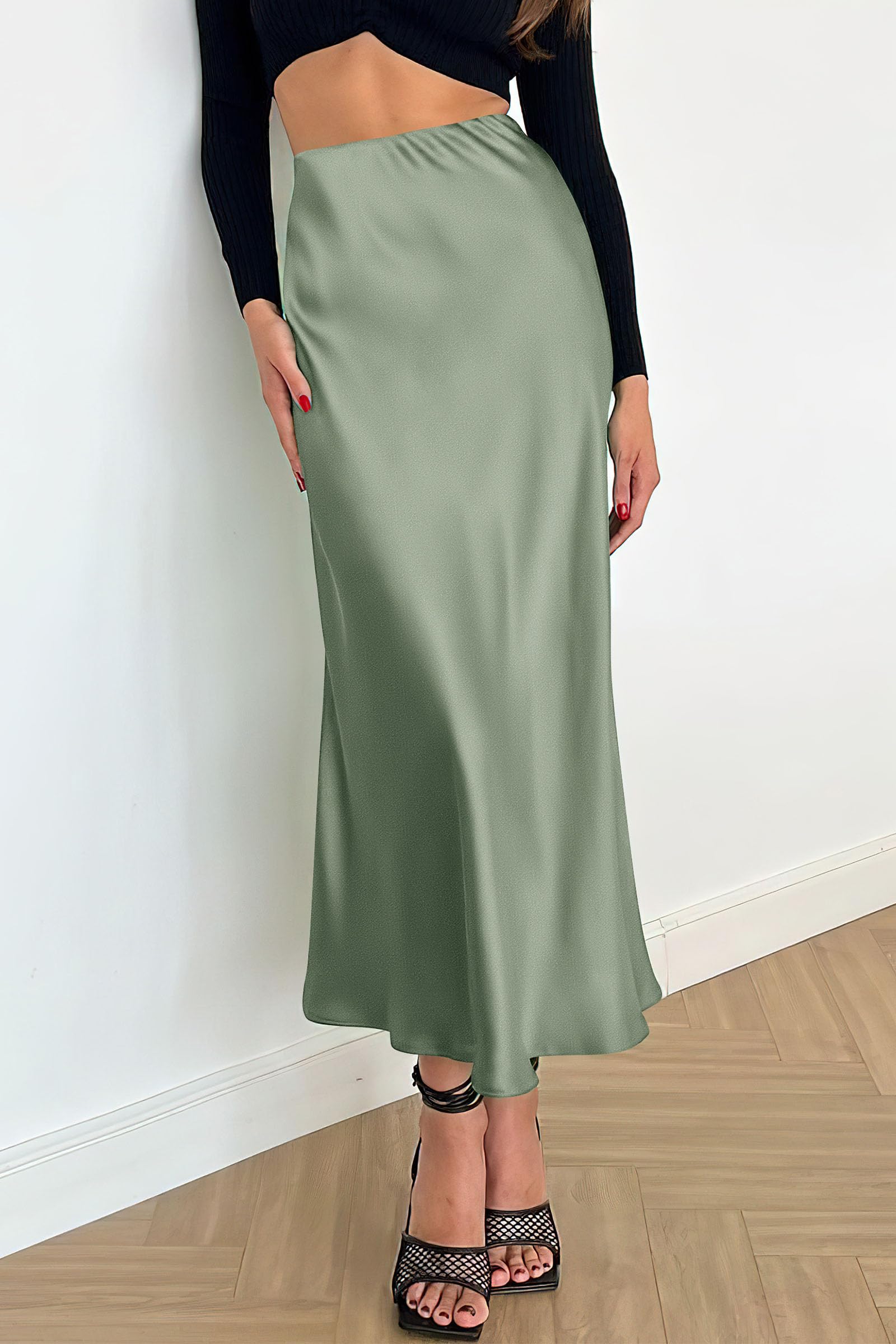 Women's Satin Midi Skirts Dressy Casual,Light Green,S