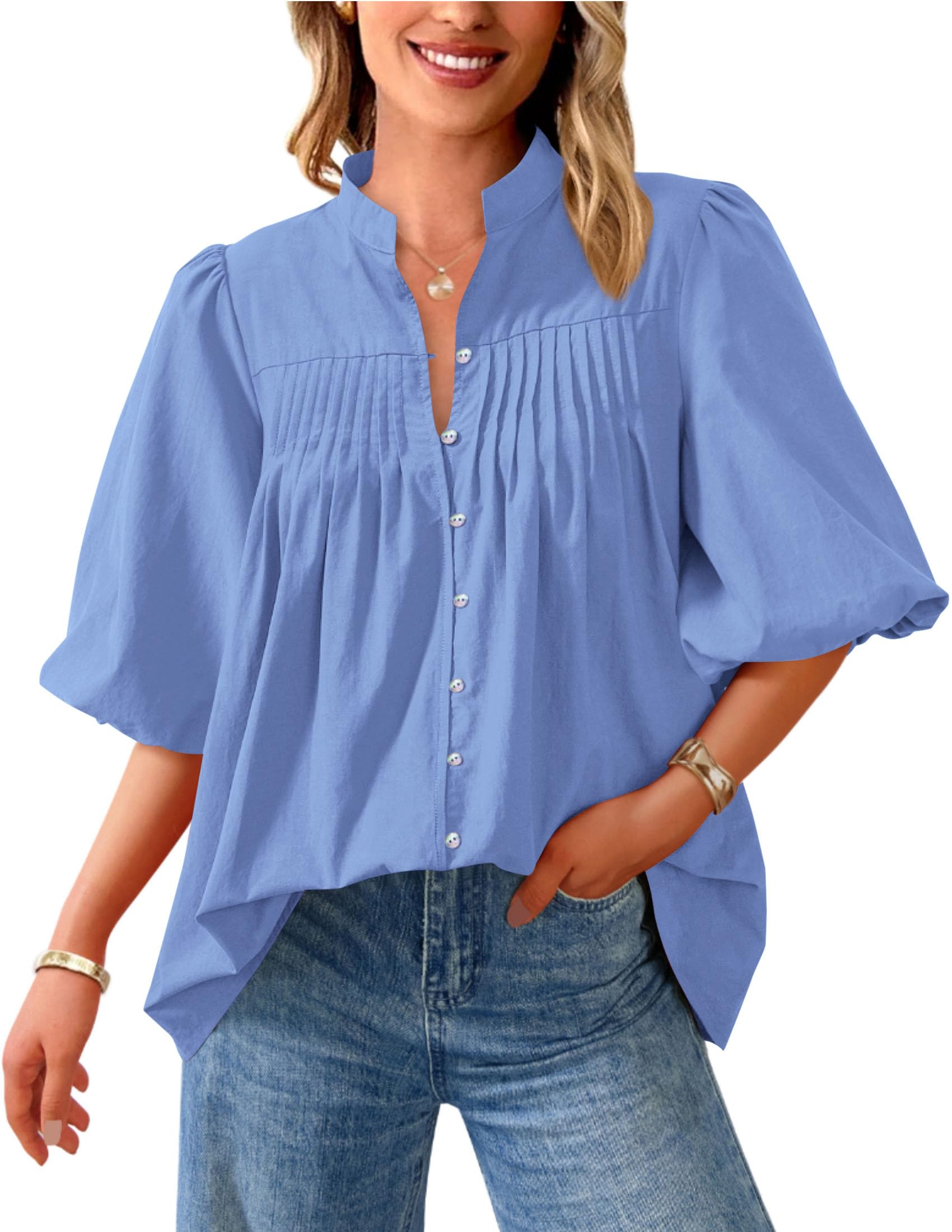Short Sleeve Henley Shirts for Women,Light Blue,S