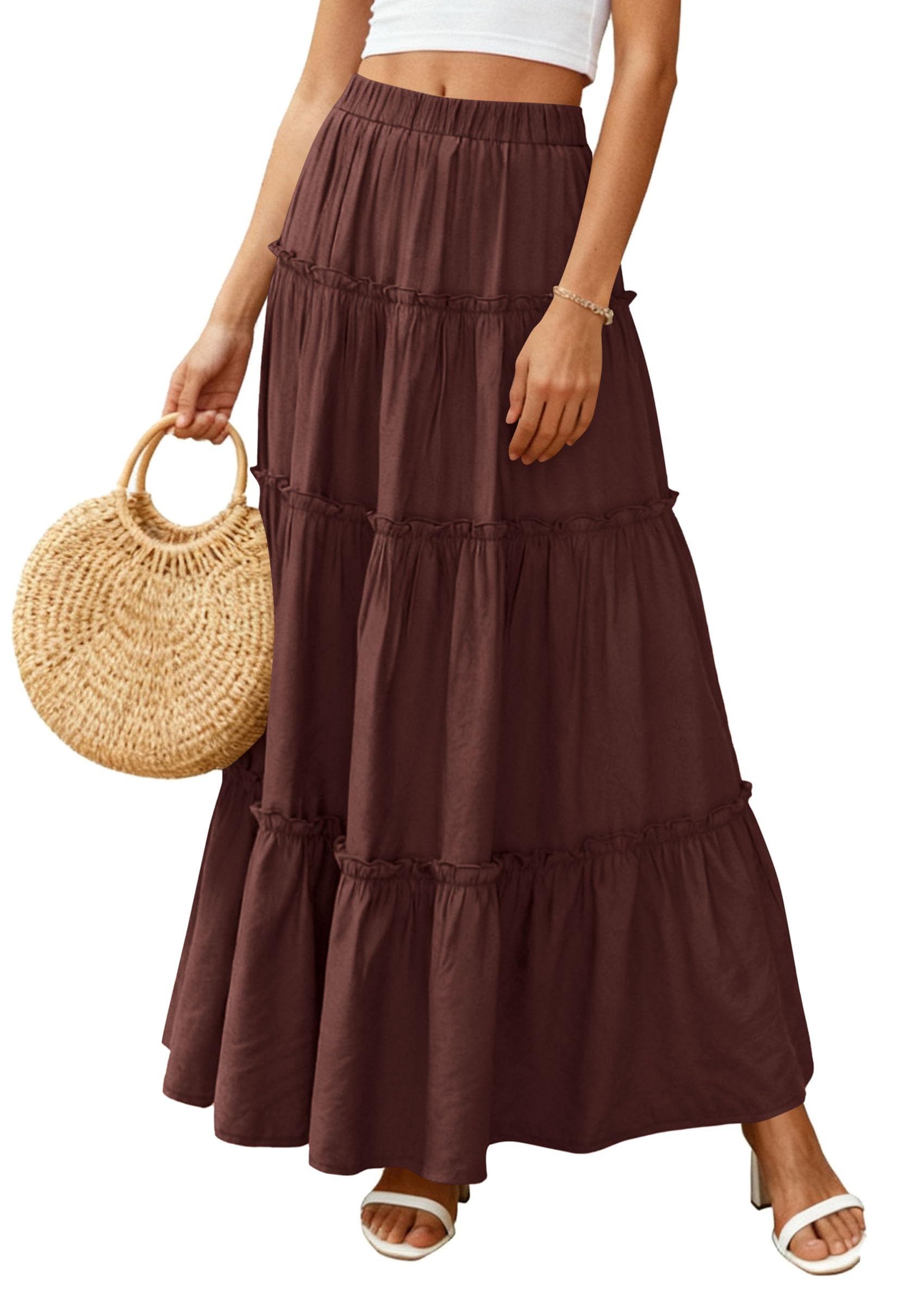 Women's Boho Tiered Ruffle Flowy Maxi Skirt, Dark Brown,S
