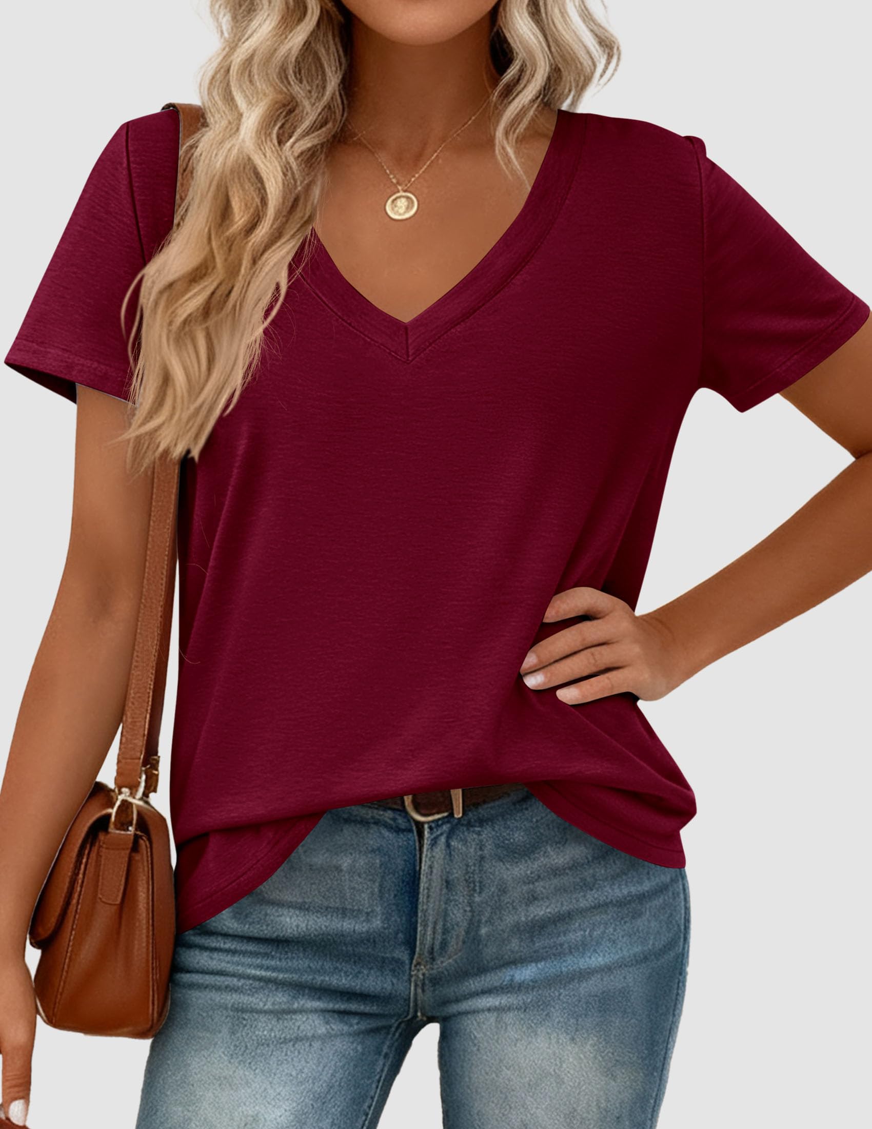 Womens Tops Short Sleeve Oversized Tshirts, Burgundy,S
