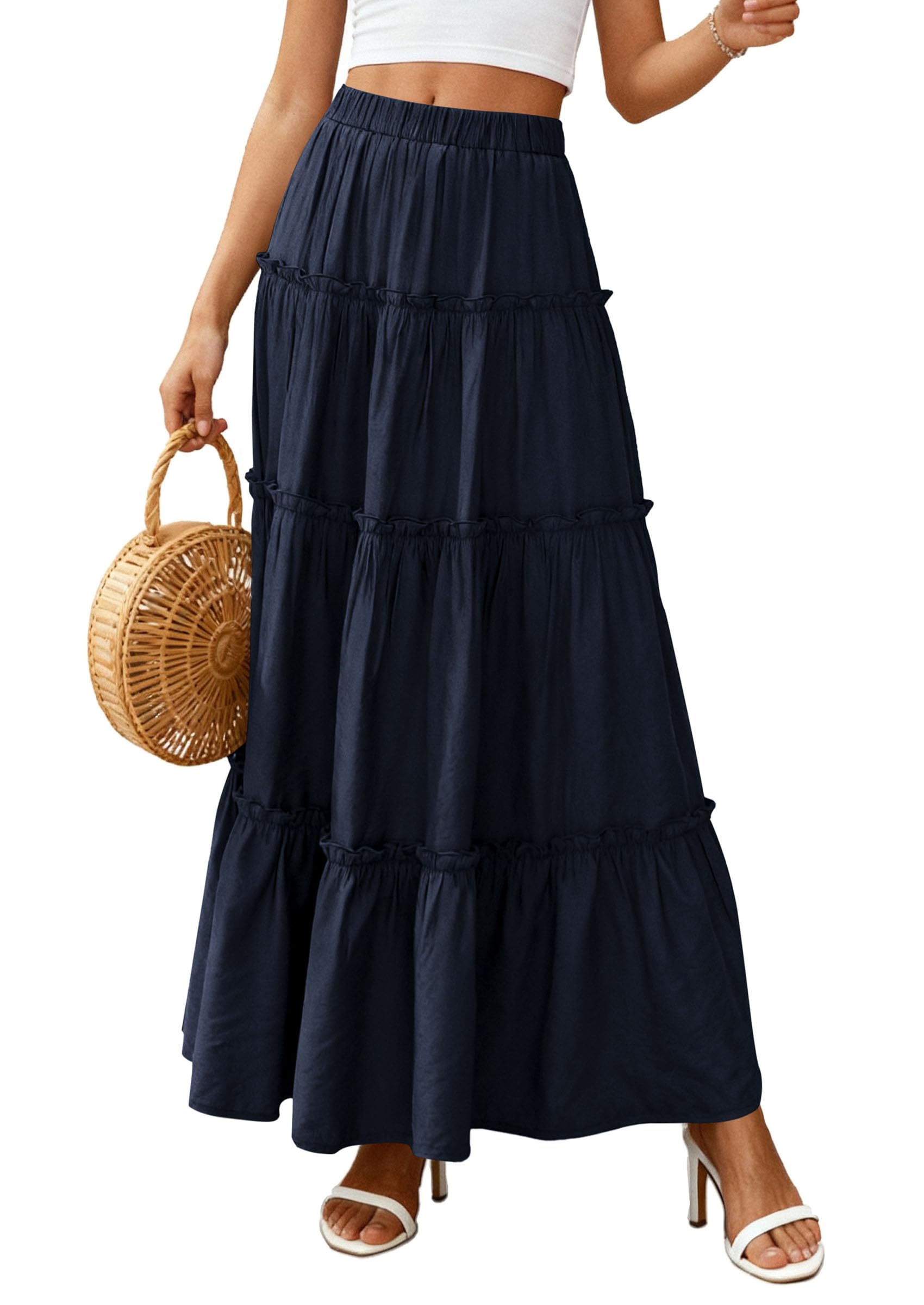 Women's Boho Tiered Ruffle Flowy Maxi Skirt, Navy Blue,L