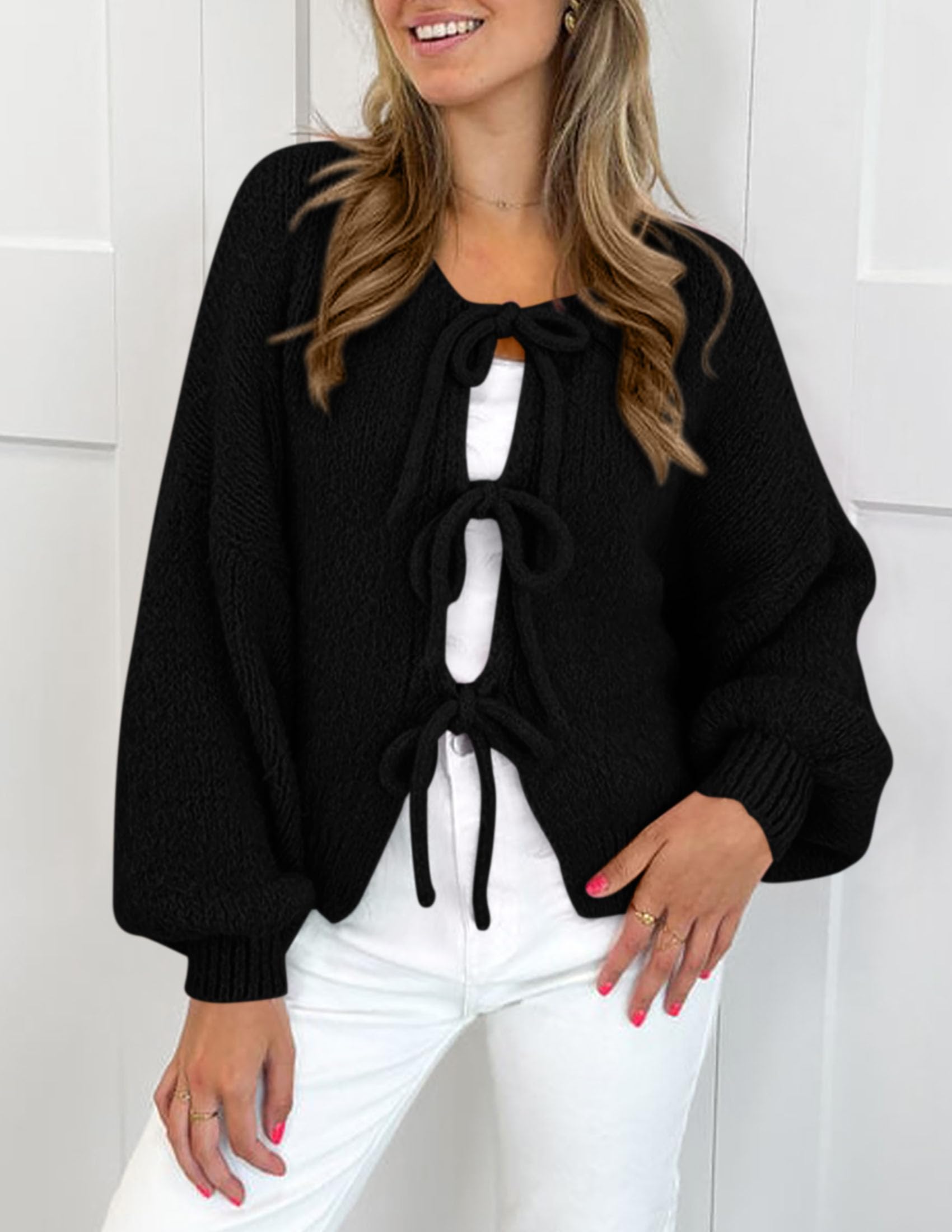 Women's Tie Front Bow Cardigan Sweaters(Black,Small)