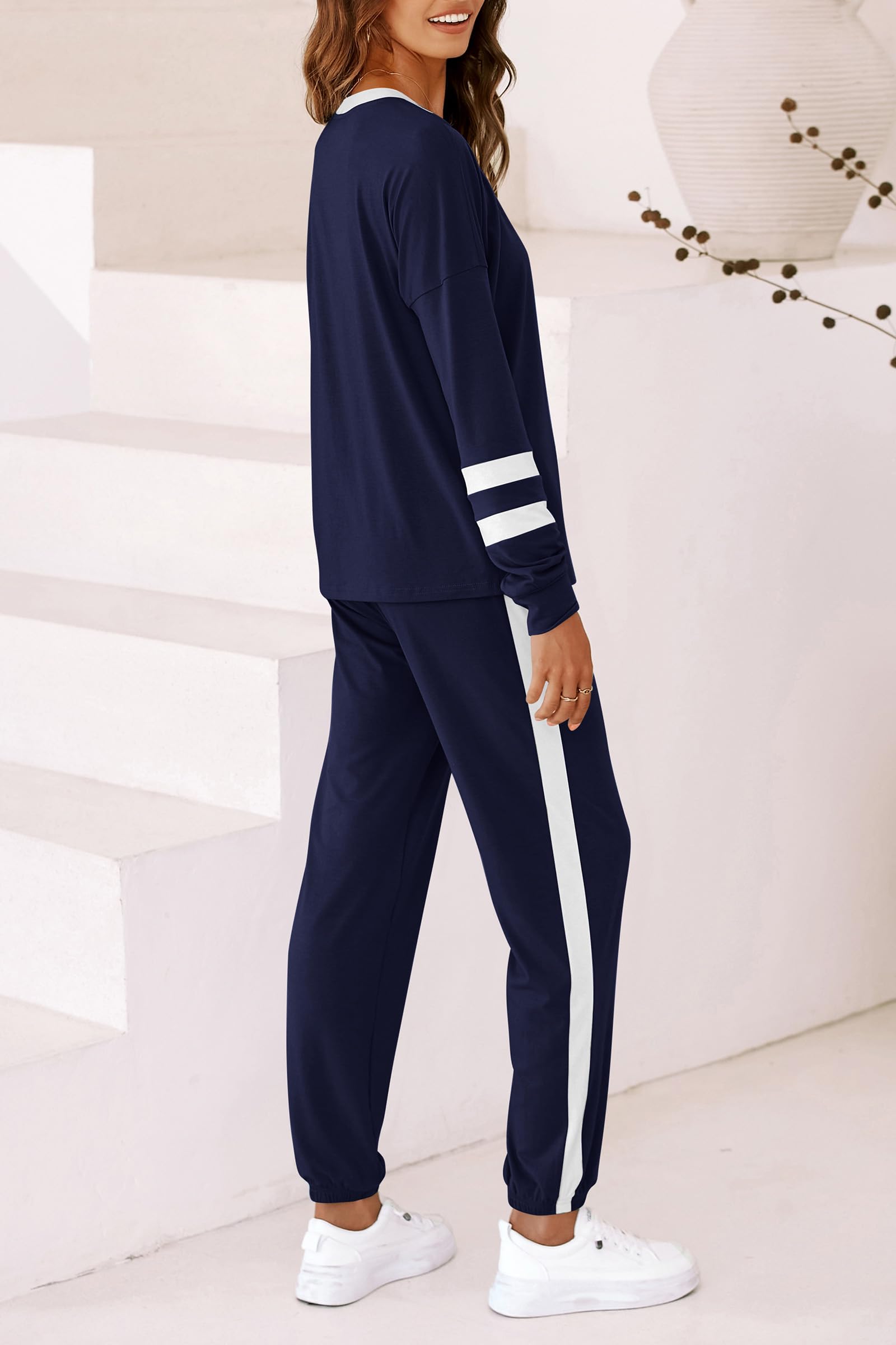 Travel Outfit Women 2 Piece Lounge Sets, Striped Navy,S