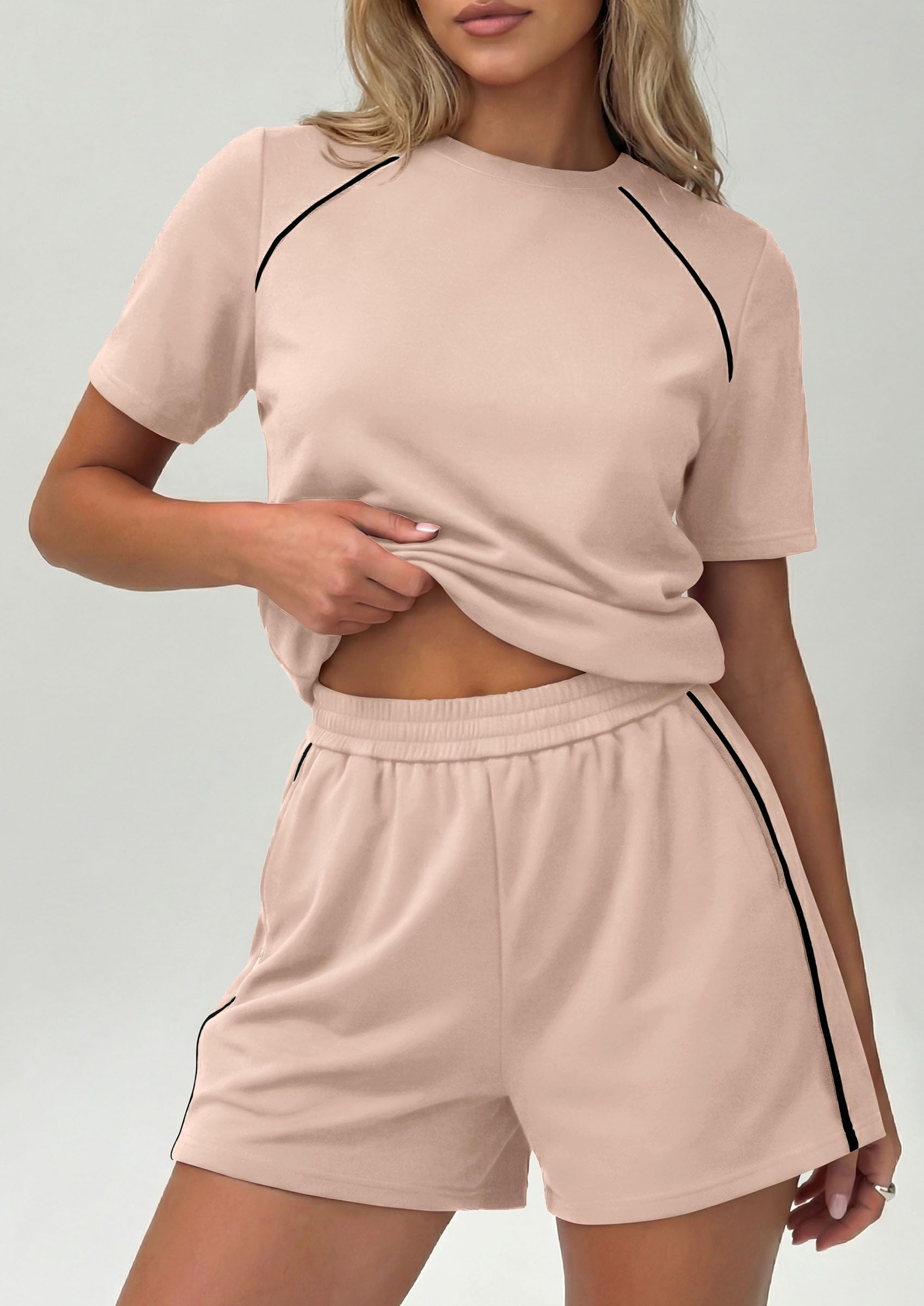Womens 2 Piece Short Sets Casual Summer Outfits, Beige,M
