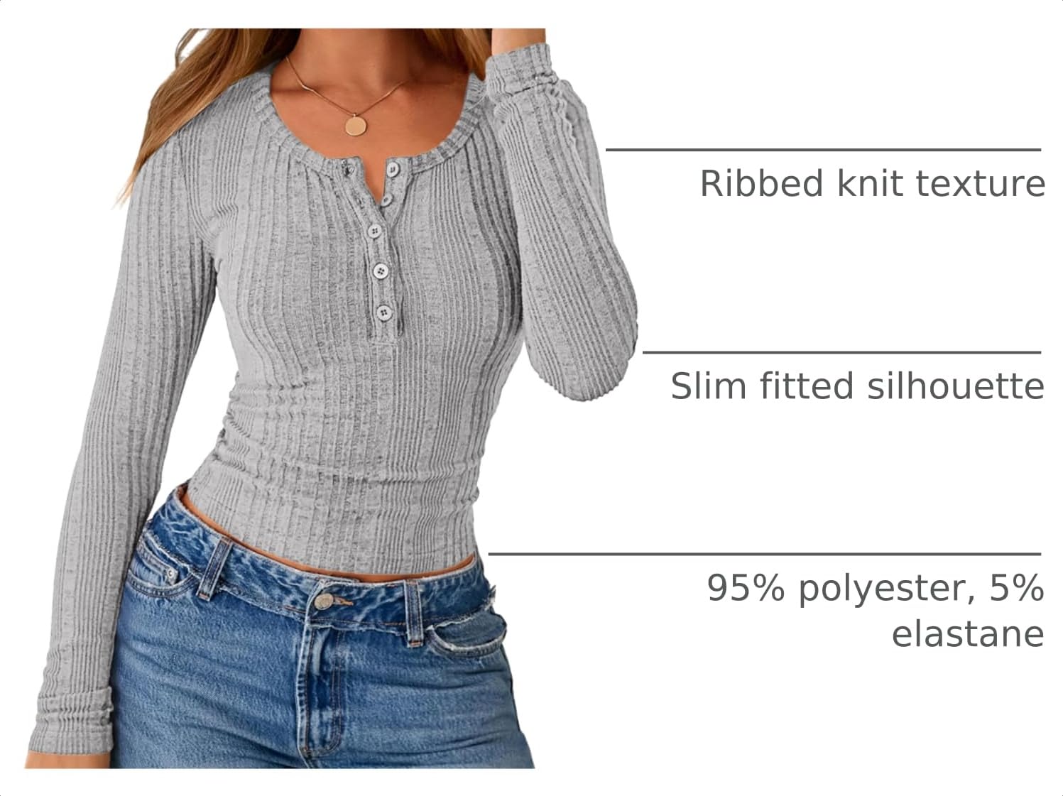 Women's Long Sleeve Tops Ribbed Henley Shirts,Light Grey,XS