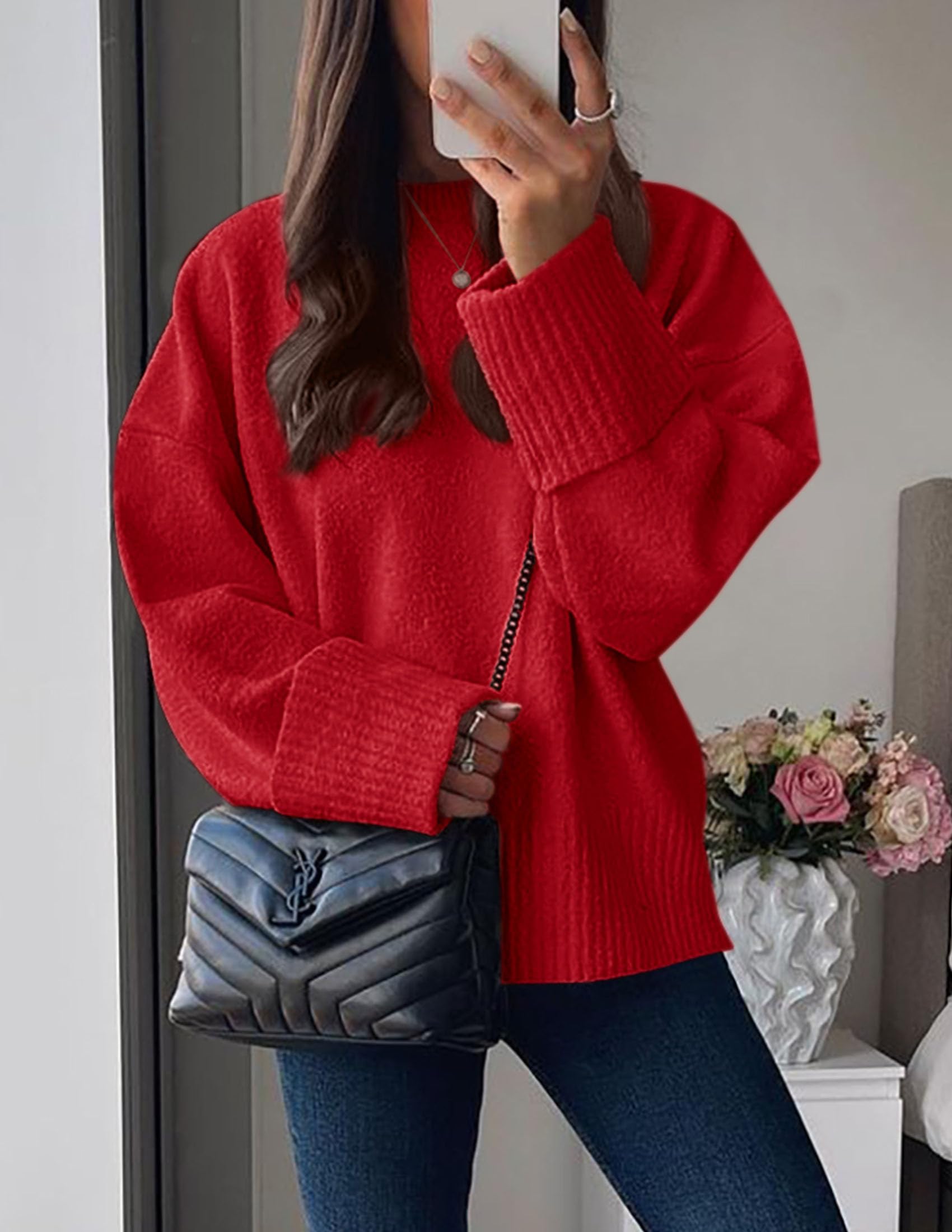 Women's Fall Fashion Cozy Oversized Sweaters(Bright Red,XS)
