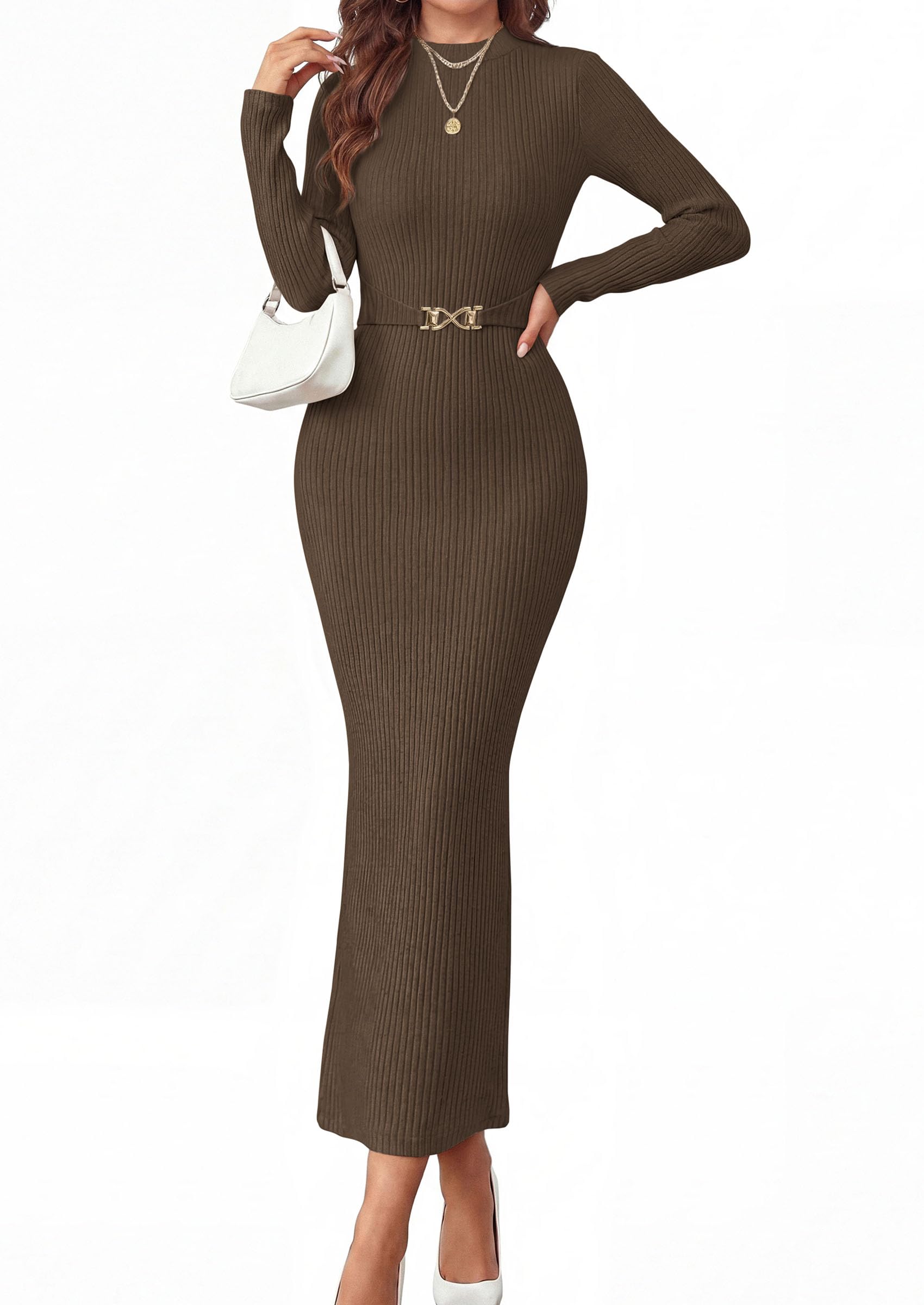 Women's Long Sleeve Bodycon Maxi Sweater Dress Brown,XS
